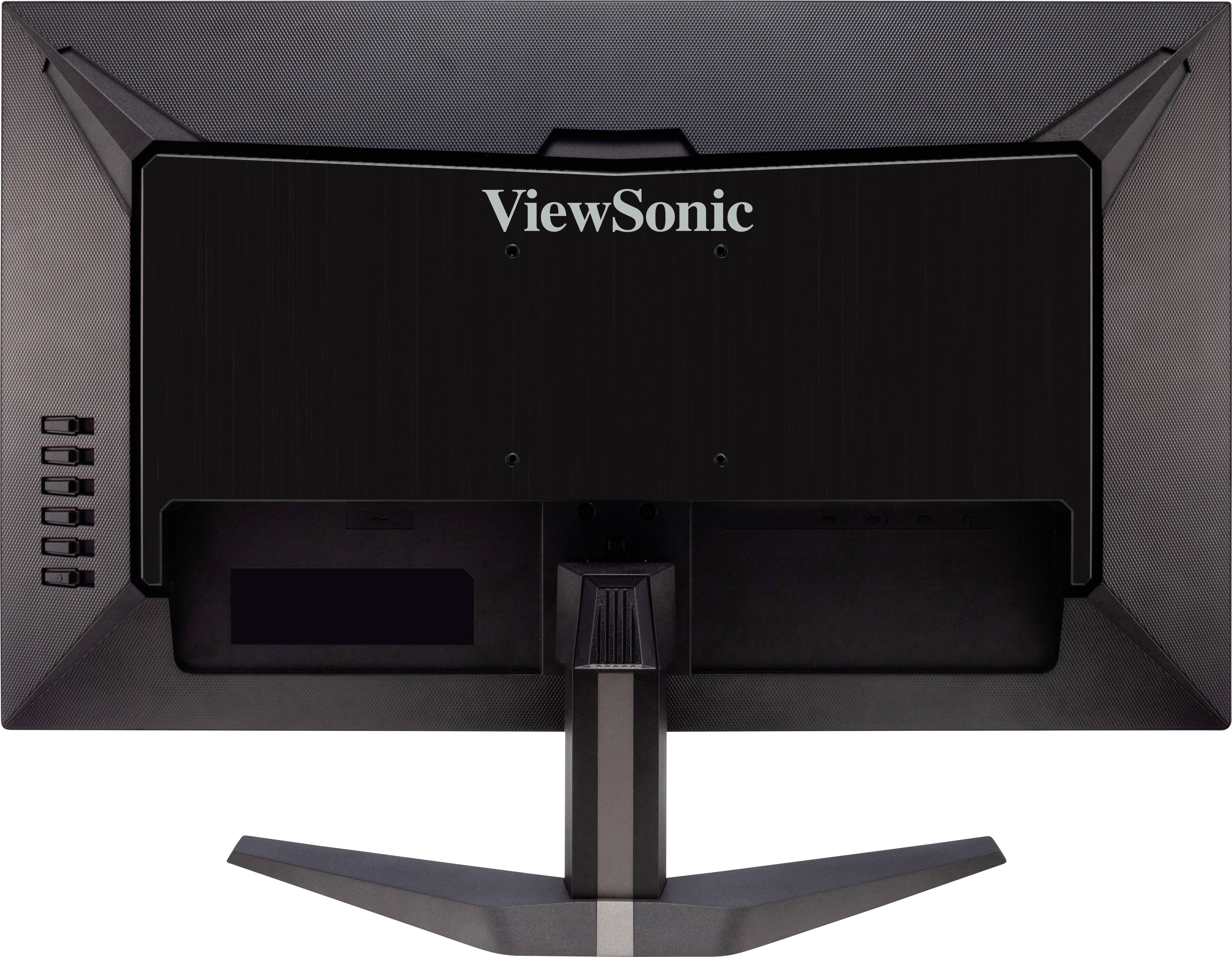 Pohled zezadu na monitor ViewSonic se stojanem. Zobrazuje možnosti připojení a logo na těle monitoru.