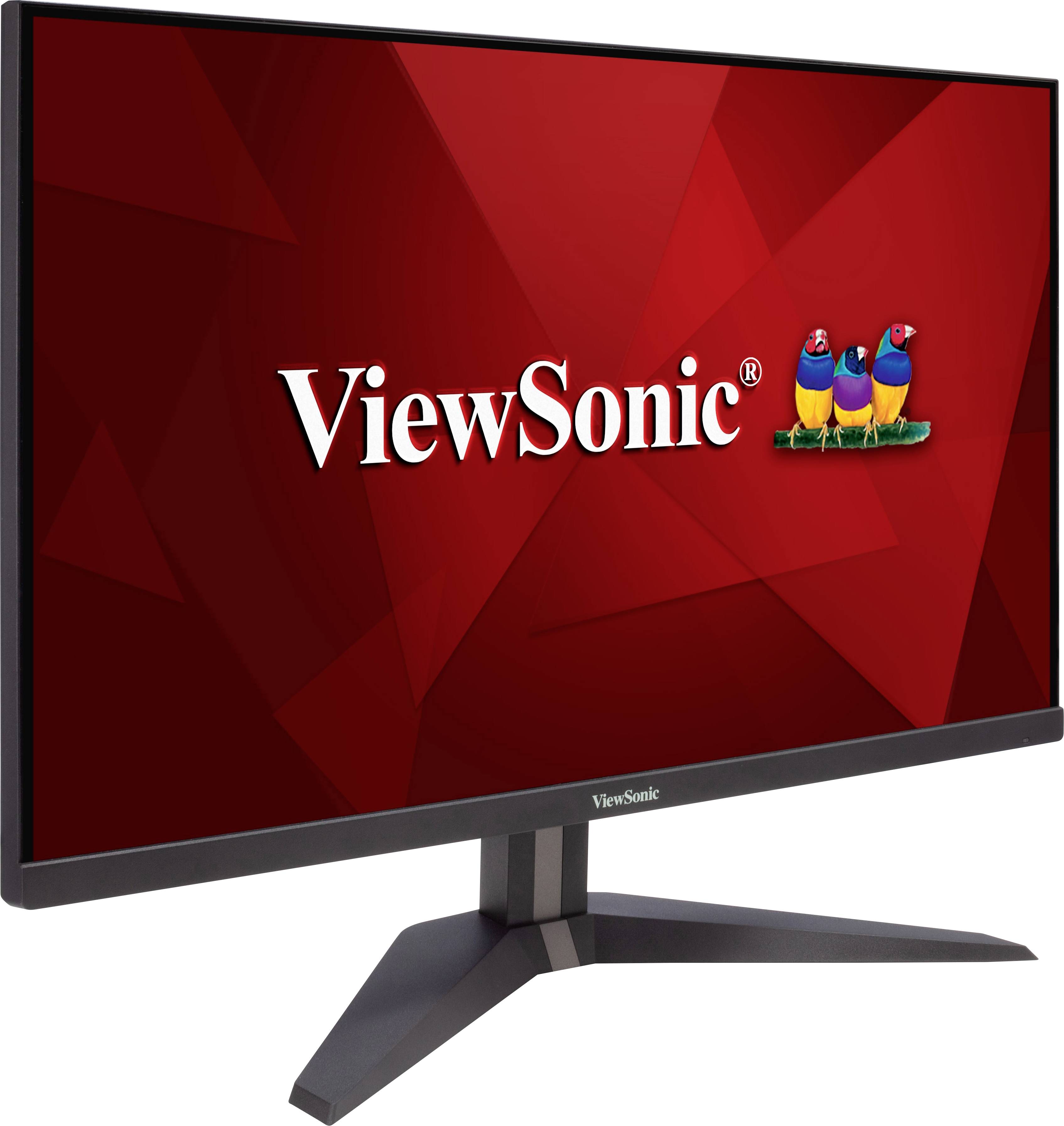 Počítačový monitor značky 'ViewSonic' s červeným pozadím a logem tří barevných ptáků.