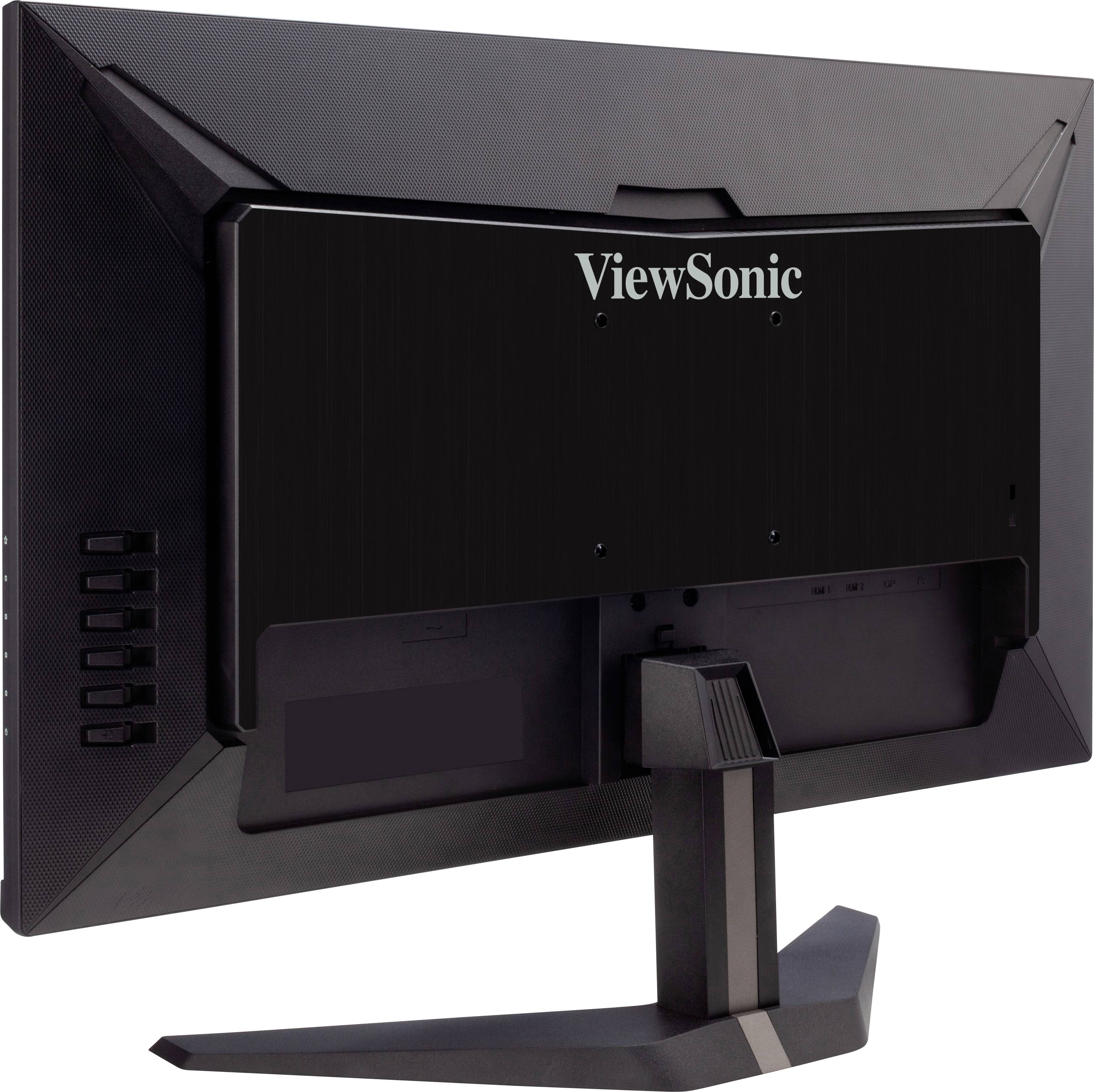 Černý počítačový monitor značky ViewSonic, zobrazený zezadu, umístěný na moderním, stabilním stojanu.