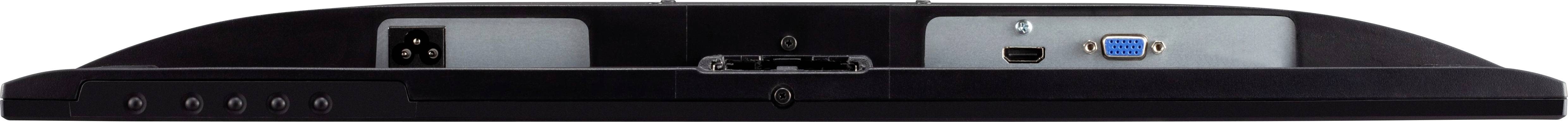 Pohled zezadu na monitor s přípojkami: napájecí konektor, USB port, HDMI konektor, VGA konektor.