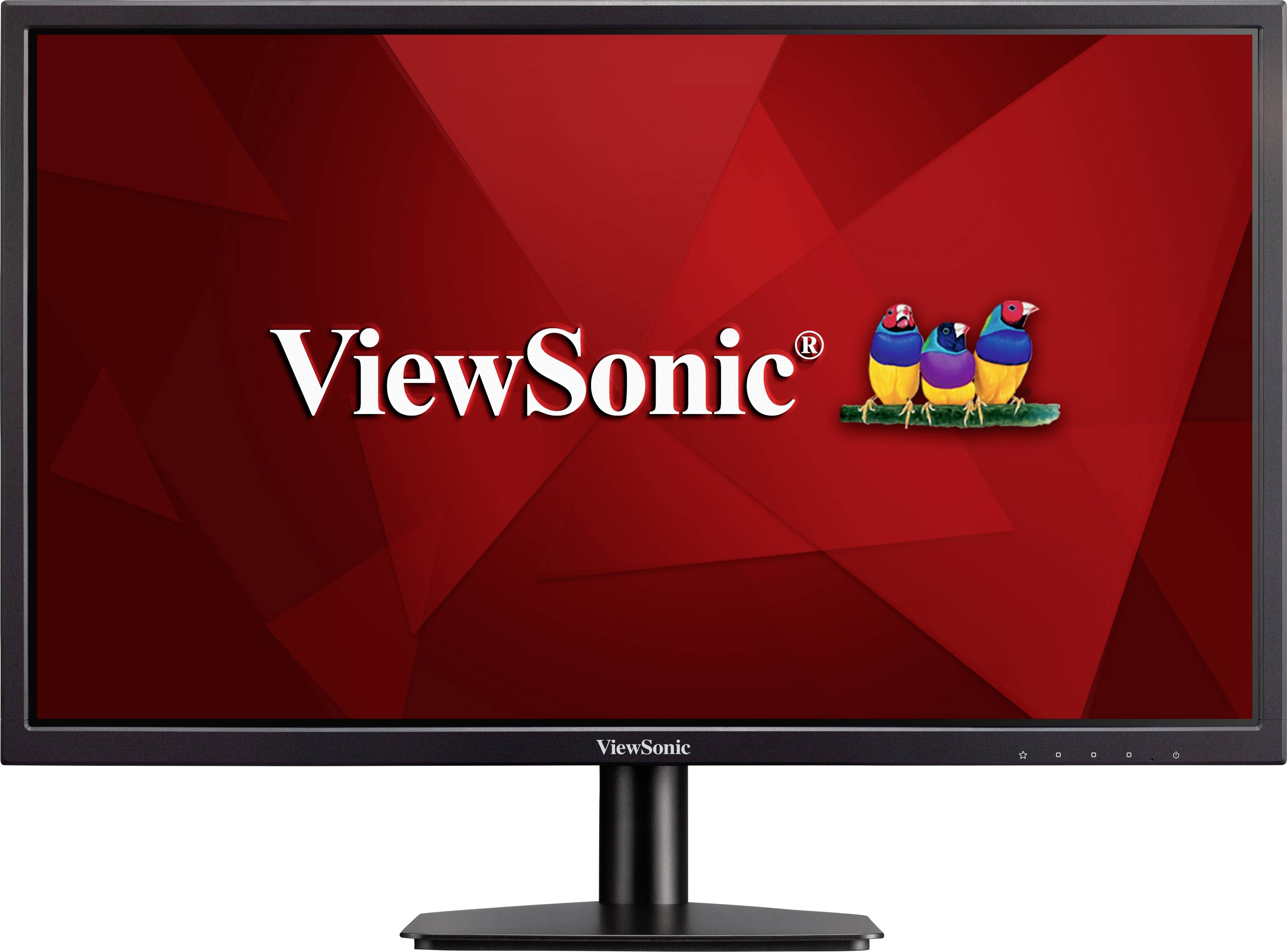Počítačový monitor s nápisem 'ViewSonic' a třemi barevnými ptáky na červeném pozadí.