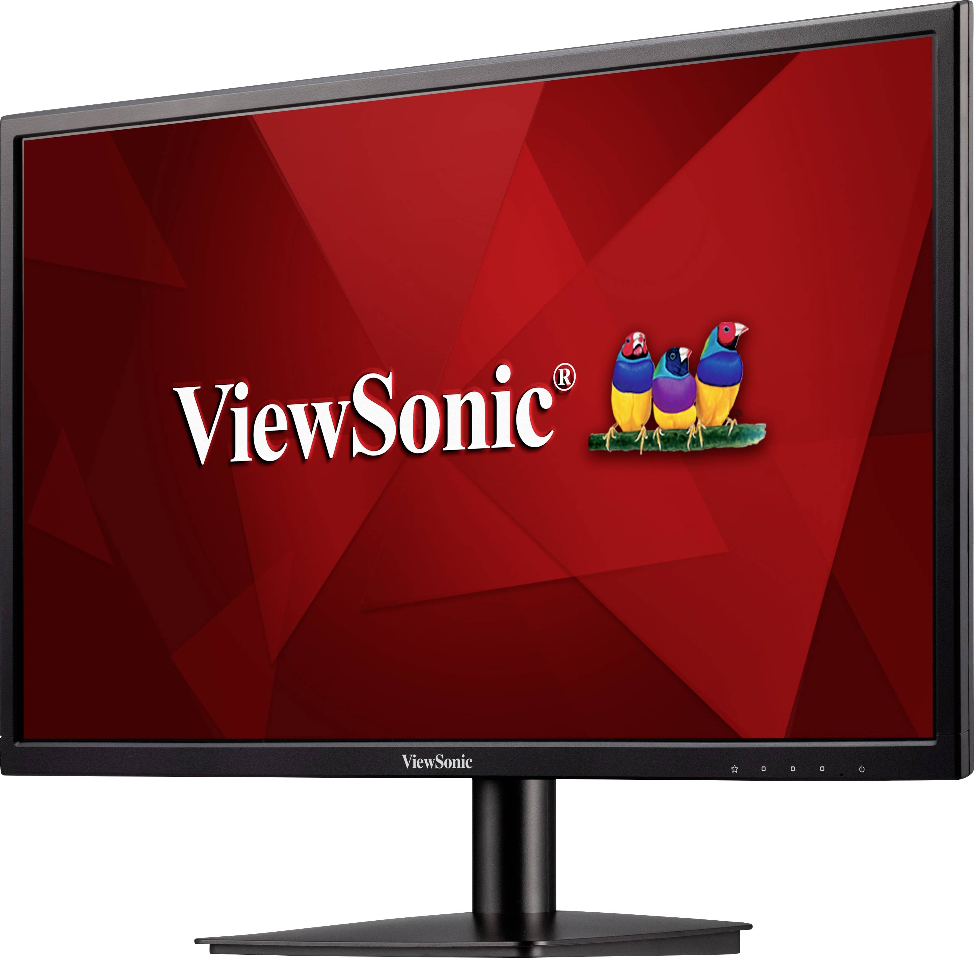 Monitor značky 'ViewSonic' s červeným pozadím a třemi barevnými ptáky v logu.