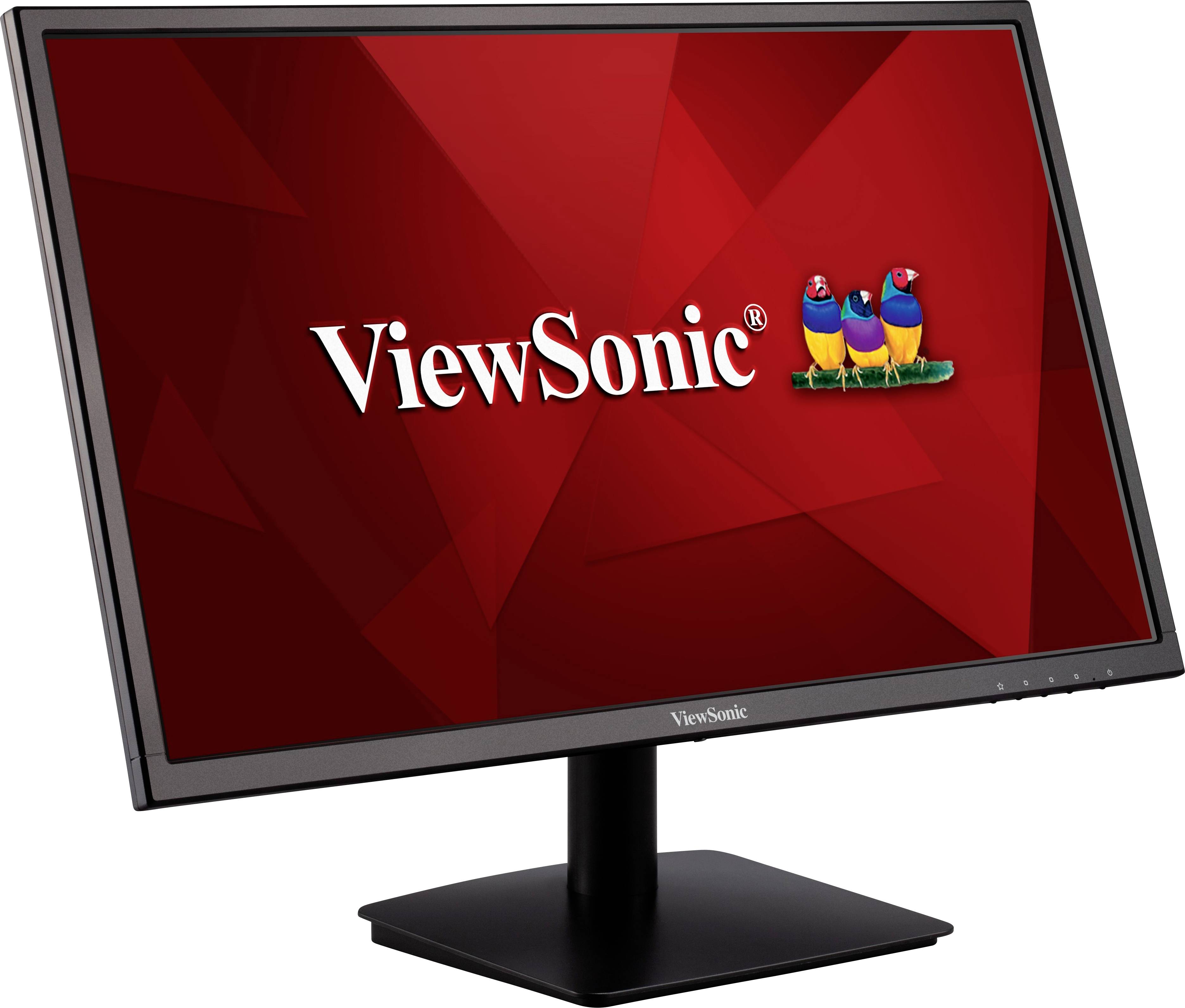 Černý počítačový monitor s červeným pozadím obrazovky zobrazuje logo 'ViewSonic' a tři barevné ptáky vedle něj napravo.