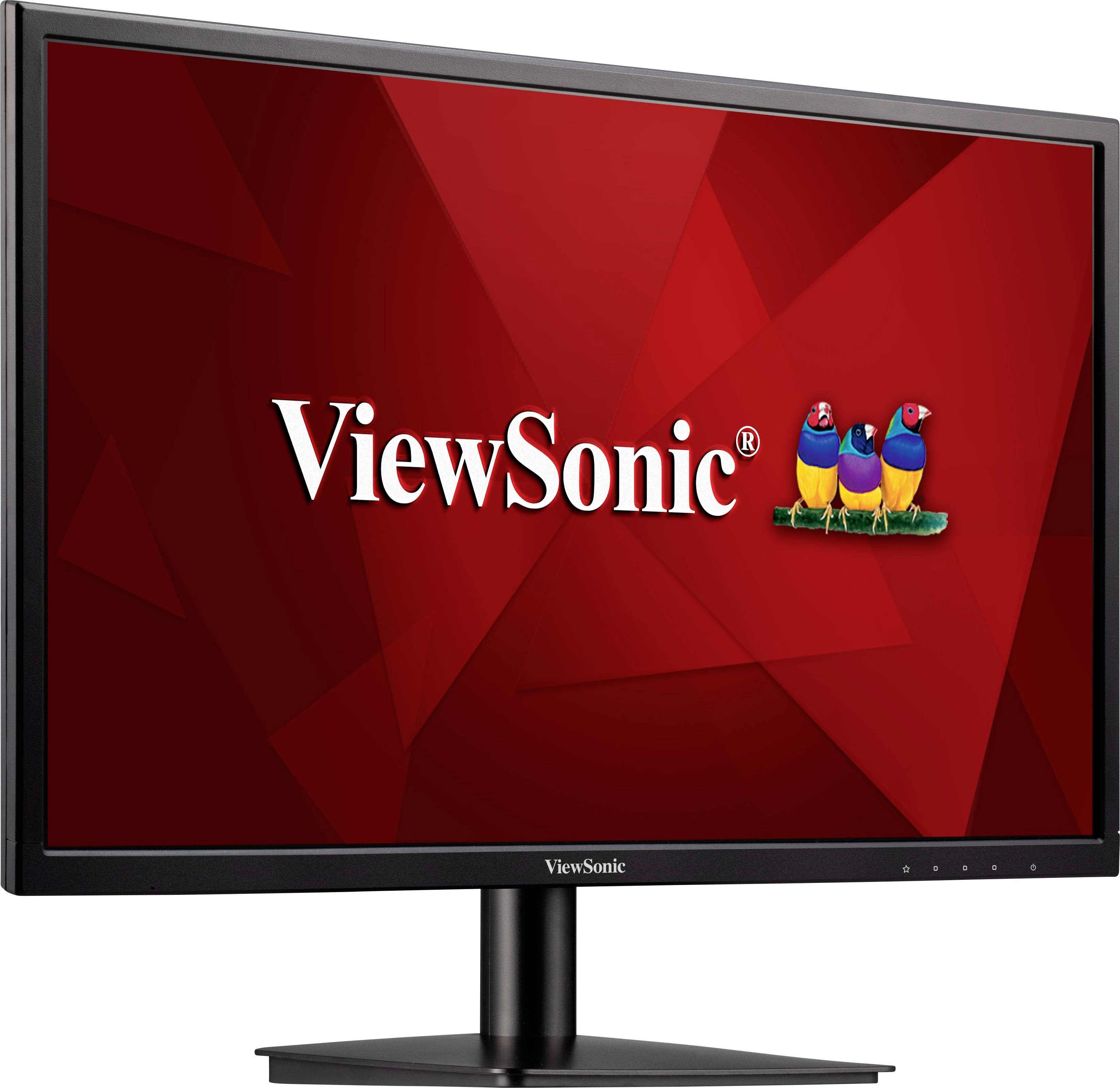 Počítačový monitor s červeným pozadím. Logo ViewSonic je výrazně umístěno uprostřed obrazovky.