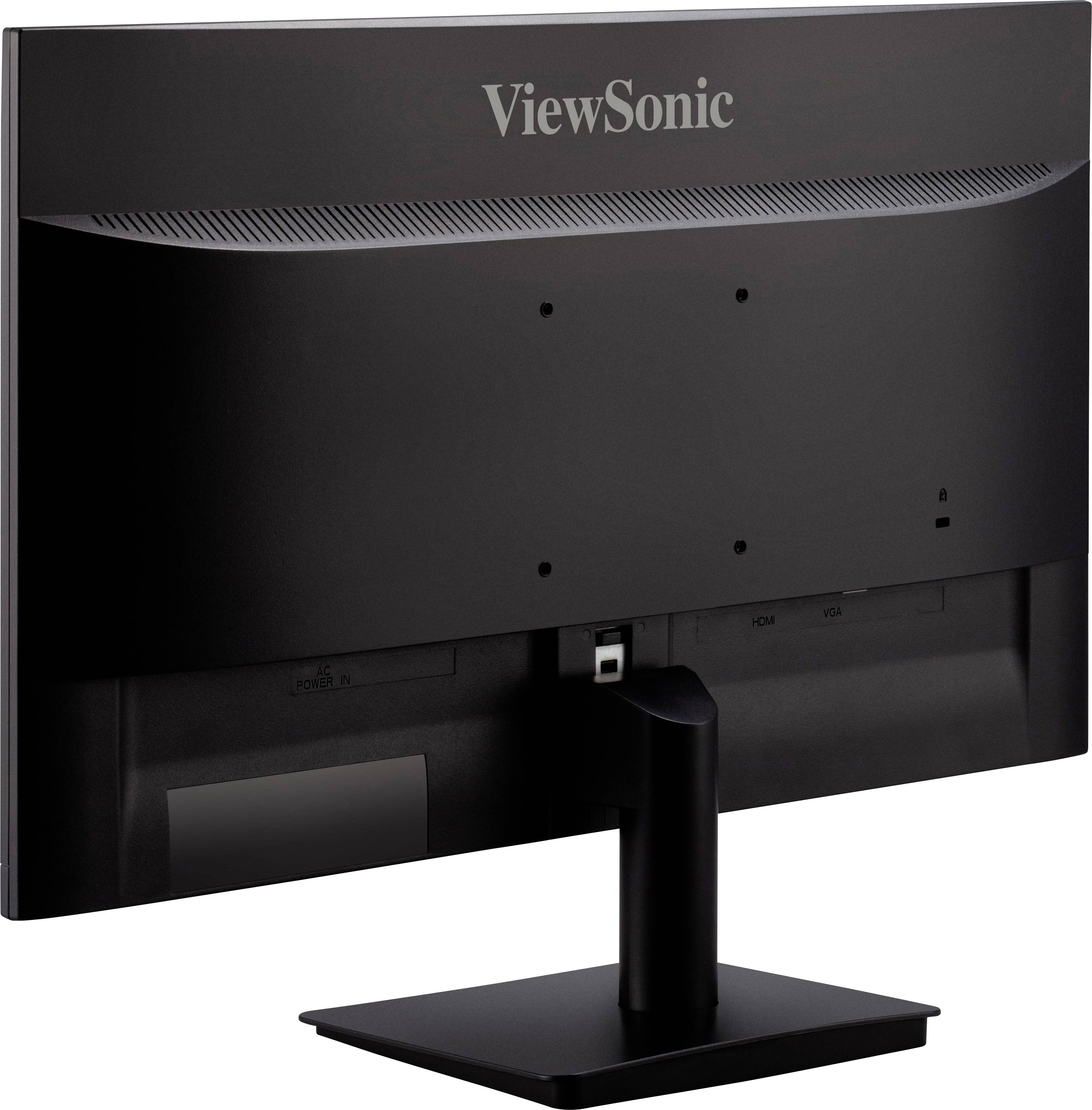 Černý monitor ViewSonic pohledem zezadu, ukazující stojan a zadní stranu. Ideální pro moderní pracoviště.