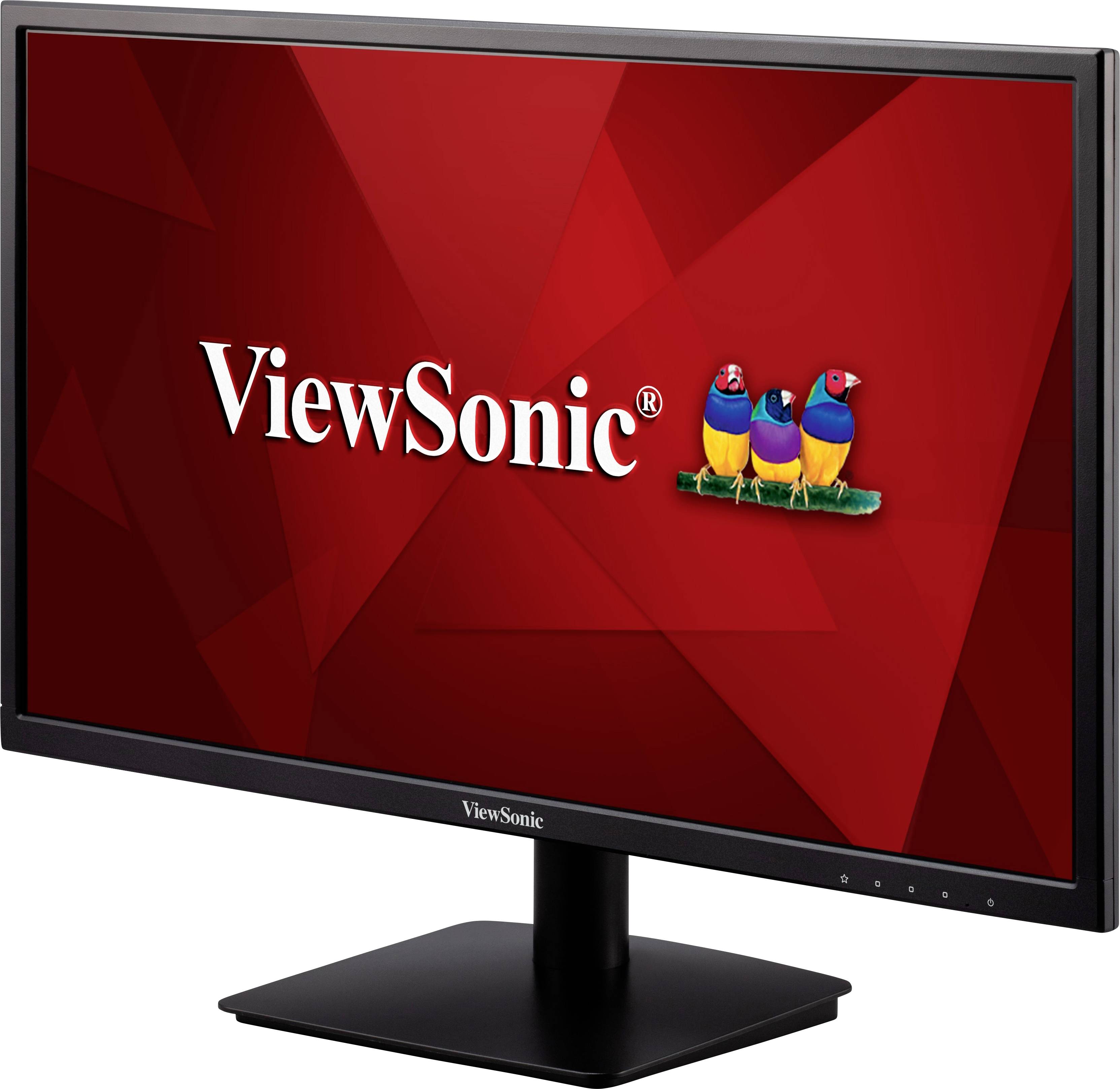 Počítačový monitor s červeným pozadím zobrazuje logo značky 'ViewSonic' a tři barevné ptáky.
