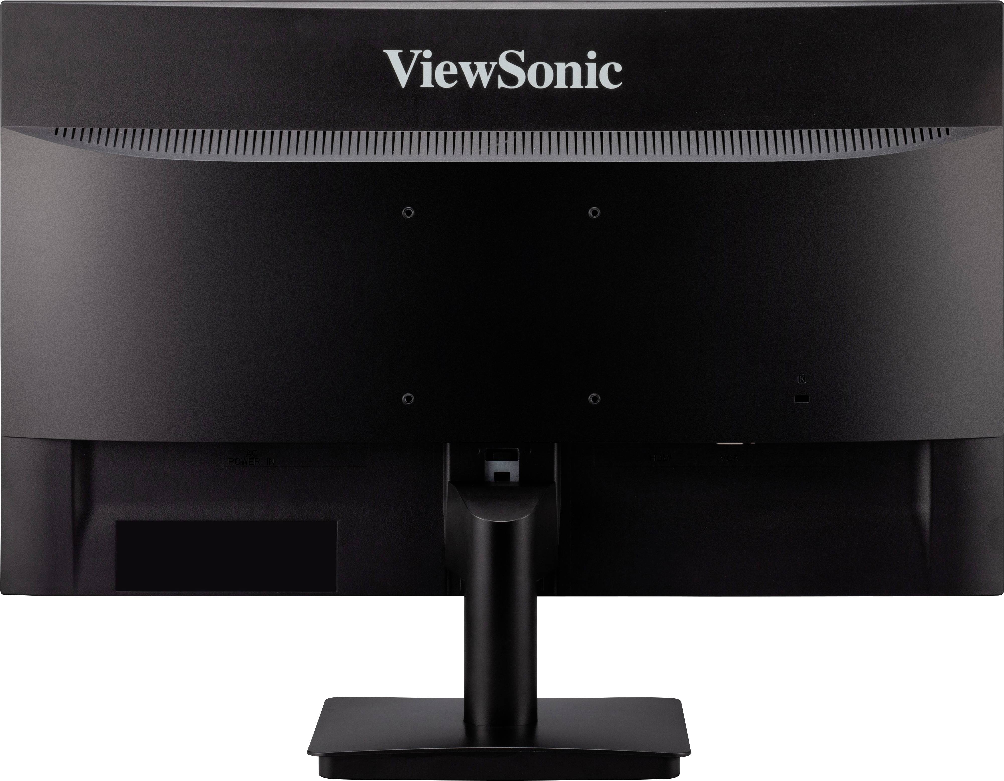 Zadní strana monitoru ViewSonic. Černá skříň s centrální podstavou. Firemní logo zobrazené nahoře.