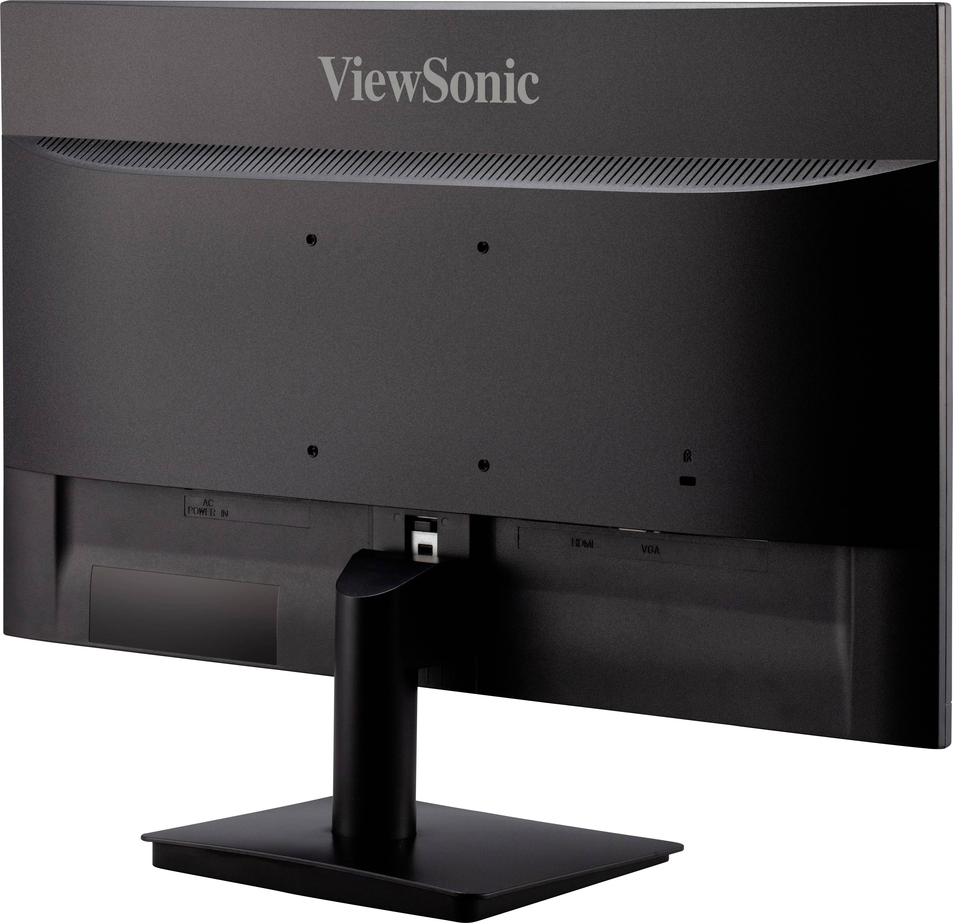Černý plochý monitor ViewSonic pohledem zezadu, s obdélníkovým stojanem, bez viditelných připojení nebo kabelů.
