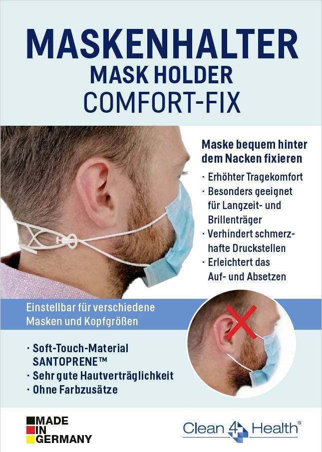Muž nosí modrou masku s úchytem na zadní části hlavy. Produktové informace: Comfort-Fix, příjemný na nošení, nastavitelný pro různé velikosti hlavy a typy masek. Vyrobeno v Německu.