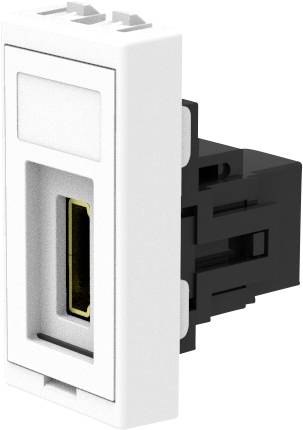 Bílá nástěnná zásuvka HDMI s černým modulem, určená k upevnění na elektrickou desku.