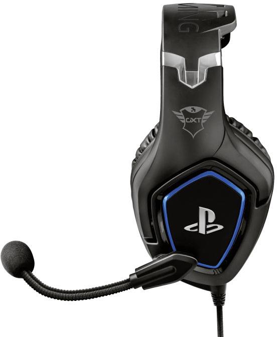 Černá herní sluchátka s mikrofonem a logem PlayStation. Mají moderní design a jsou určena pro použití při videohrách.