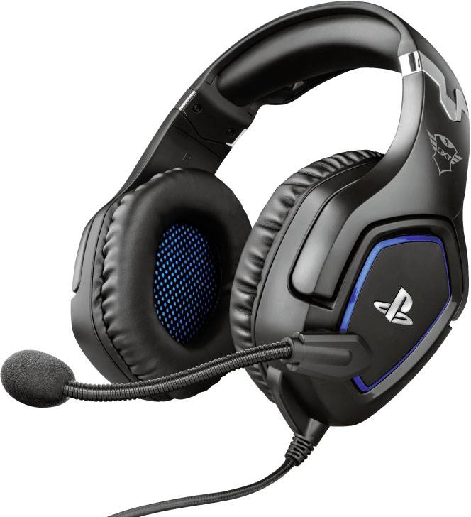 Černá herní sluchátka s modrými akcenty, mikrofonním ramenem a logem PlayStation na mušli, vhodná pro videohry.