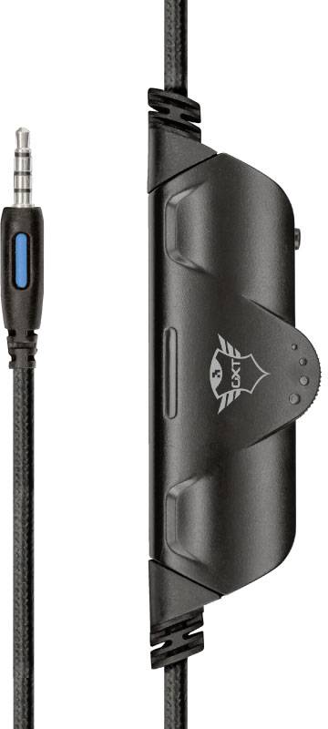 Černošedý kabel s ovládacím prvkem uprostřed, který zobrazuje kolečko ovládané palcem a logo. Vlevo je vidět audio jack konektor.