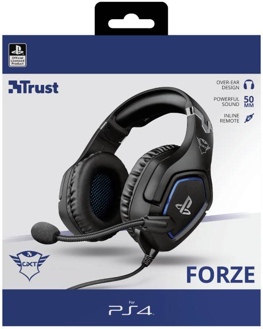 Herní headset Trust 'Forze' pro PS4, černý, s designem over-ear, mikrofonem a inline ovládáním.