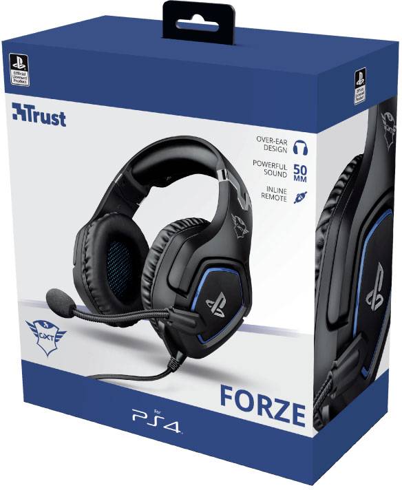 Herní headset s mikrofonem, modro-černý design, označený pro PS4. Značka 'Trust', zvýrazněno: 'Výkonný zvuk 50 mm'.