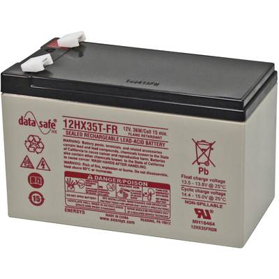 Olověná akumulátorová baterie od Data Safe, model 12HX35T-FR, 12V 36W. Obsahuje výstražný symbol toxického nebezpečí. Uzavřená a dobíjecí.