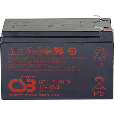 Obrázek zapečetěné olověné baterie značky CSB, model GPL 12120 F2, 12V, 12Ah. Obsahuje výstražné symboly pro recyklaci a bezpečnost.