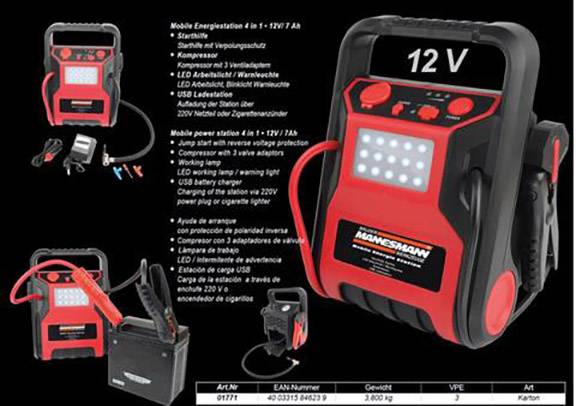 'Startovací pomocník 12V, LED pracovní světlo, USB výstup, vhodný pro startování autobaterie, s rukojetí a kabelem.'