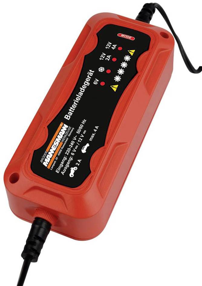 Červená nabíječka baterií s indikátorem pro nabíjecí proudy 6V a 12V a provozní stav, vhodná pro různé typy baterií.