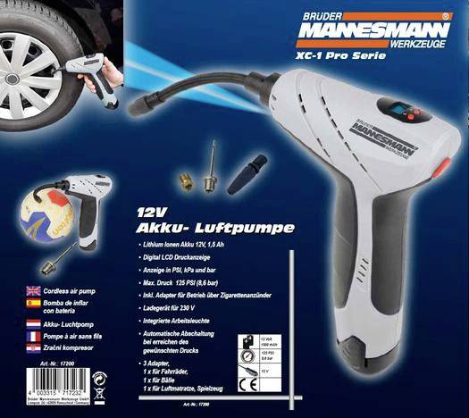 '12V akumulátorový kompresor Mannesmann, na pneumatiky automobilů, s LCD tlakoměrem, USB powerbanka, LED svítilna.'