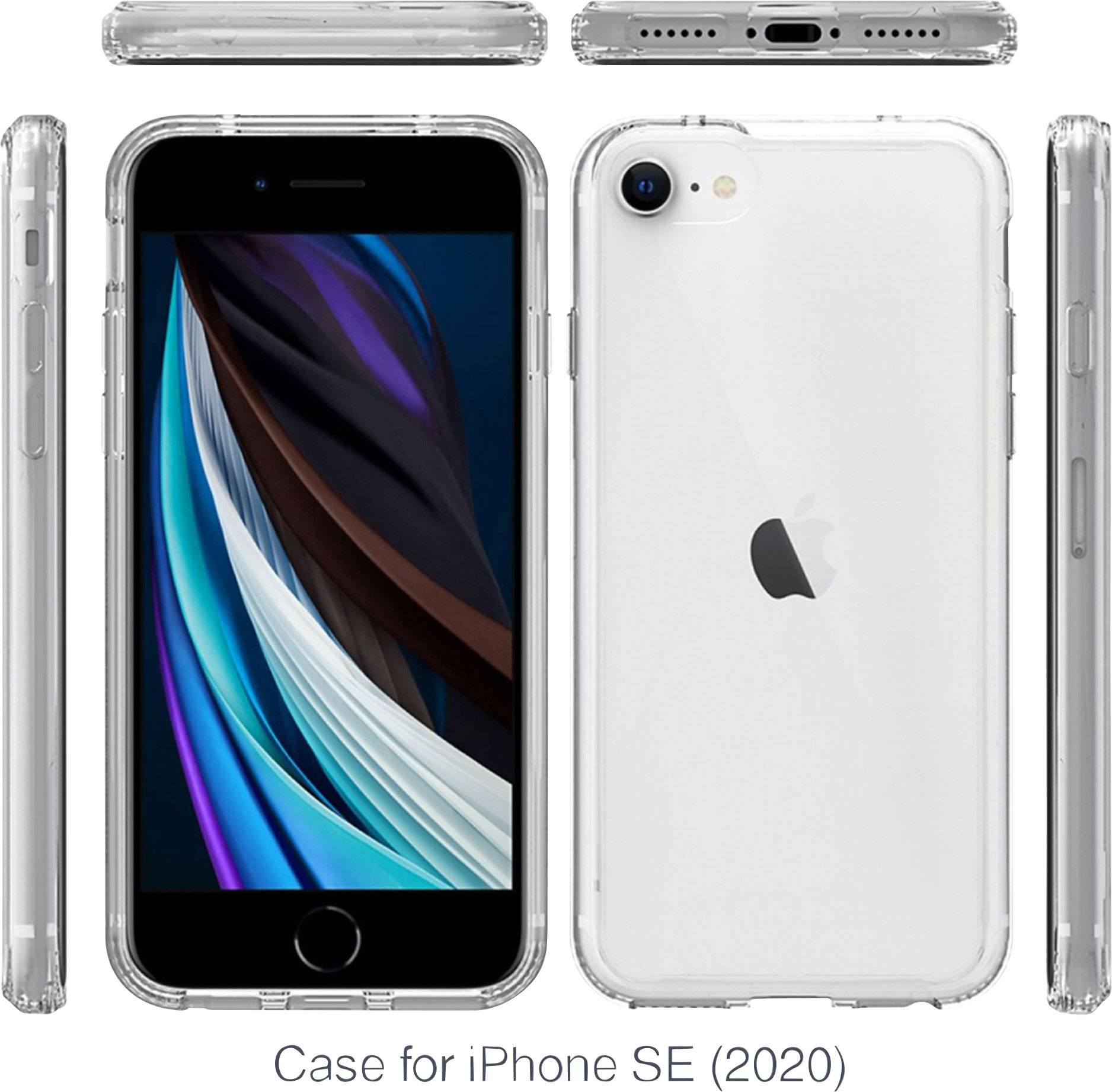 Kryt pro iPhone SE (2020) z průhledného materiálu. iPhone je zobrazen z různých úhlů: přední strana, zadní strana, boky.
