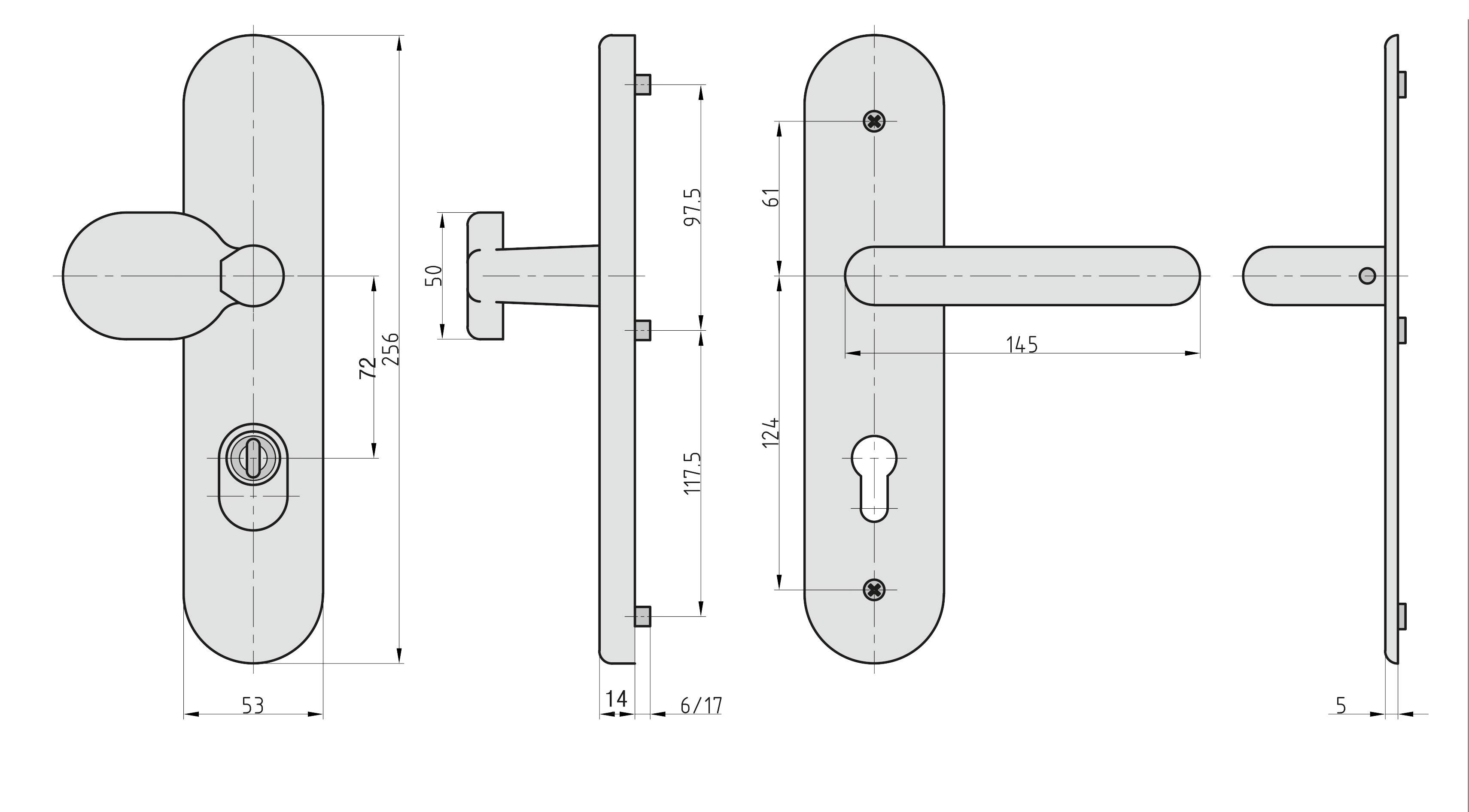 Technický výkres kování dveří s rozměry: Výška 226 mm, šířka 53 mm, délka kliky 145 mm, osová vzdálenost zámku 61 mm, klíčová dírka ve výšce 50 mm.