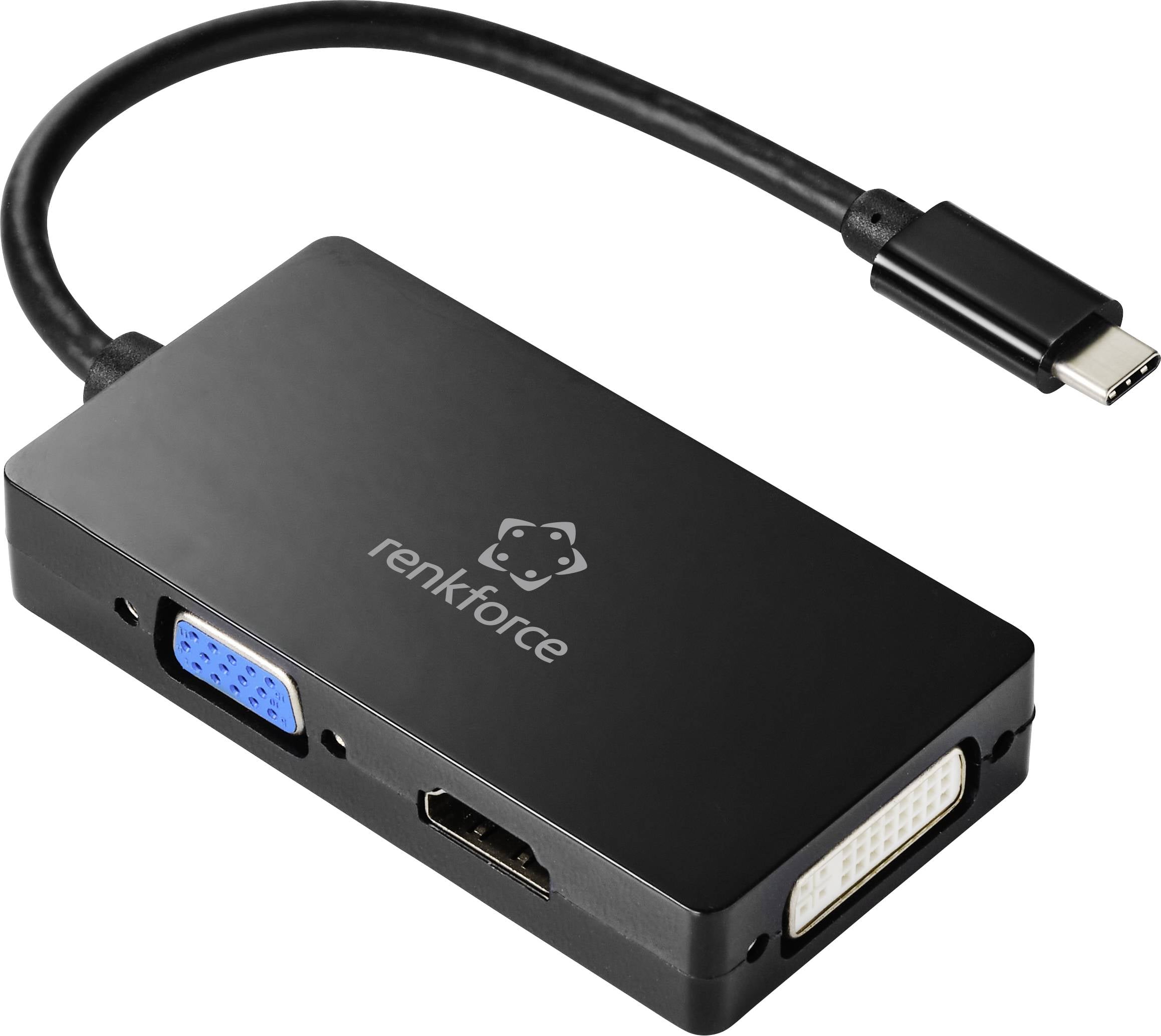 Černý USB-C adaptér s logem 'renkforce' propojuje USB-C s VGA, HDMI a DVI konektory, ideální pro připojení různých typů displeje.