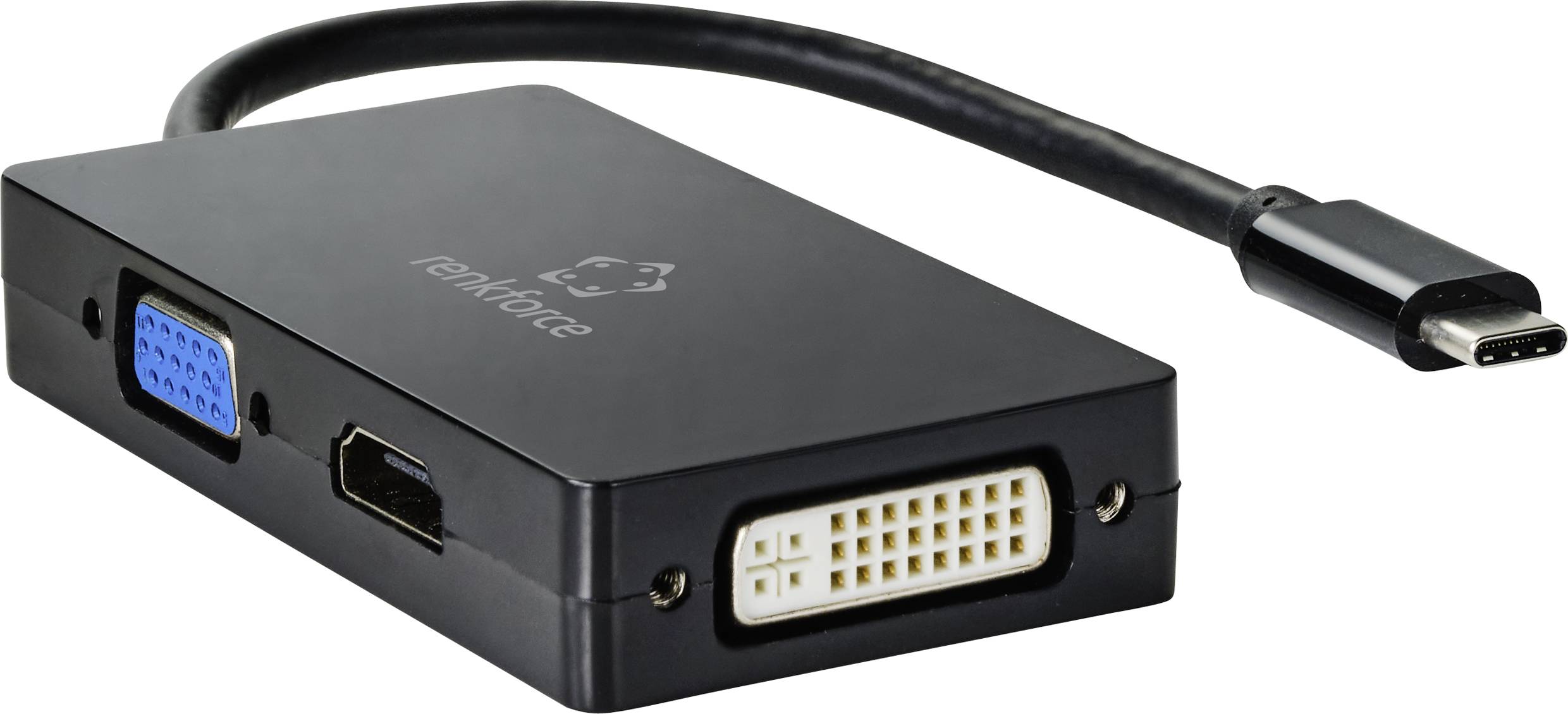 Černý adaptér s konektorem USB-C a třemi porty: VGA, HDMI a DVI. Umožňuje připojení různých monitorů k moderním zařízením.