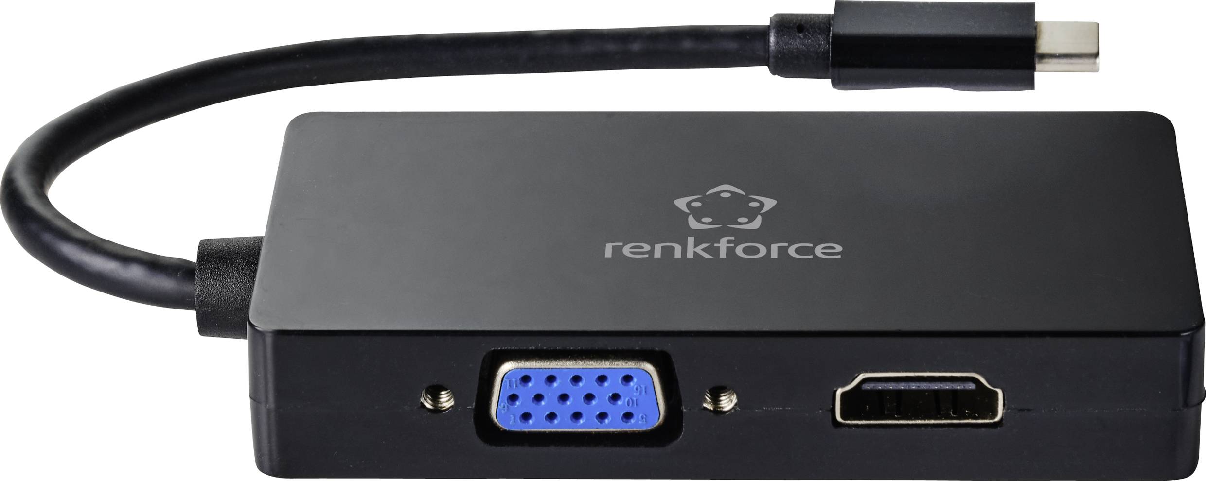 Černý adaptér s VGA a HDMI porty, propojený USB-C kabelem. Název značky na povrchu.