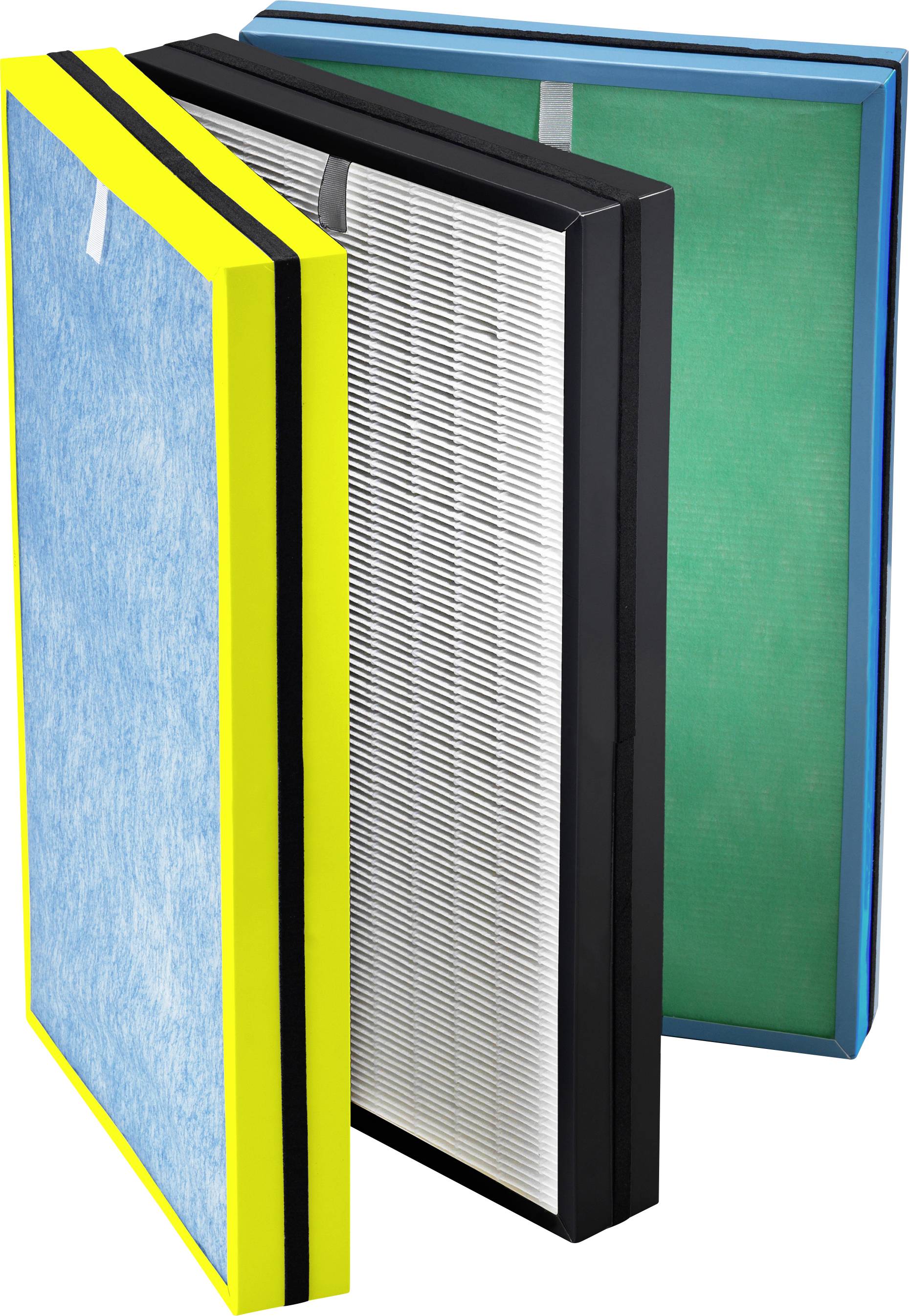 Tři vzduchové filtry vedle sebe: vlevo žlutý filtr s modrým filtračním materiálem, uprostřed bílý HEPA filtr, vpravo zelený filtr.