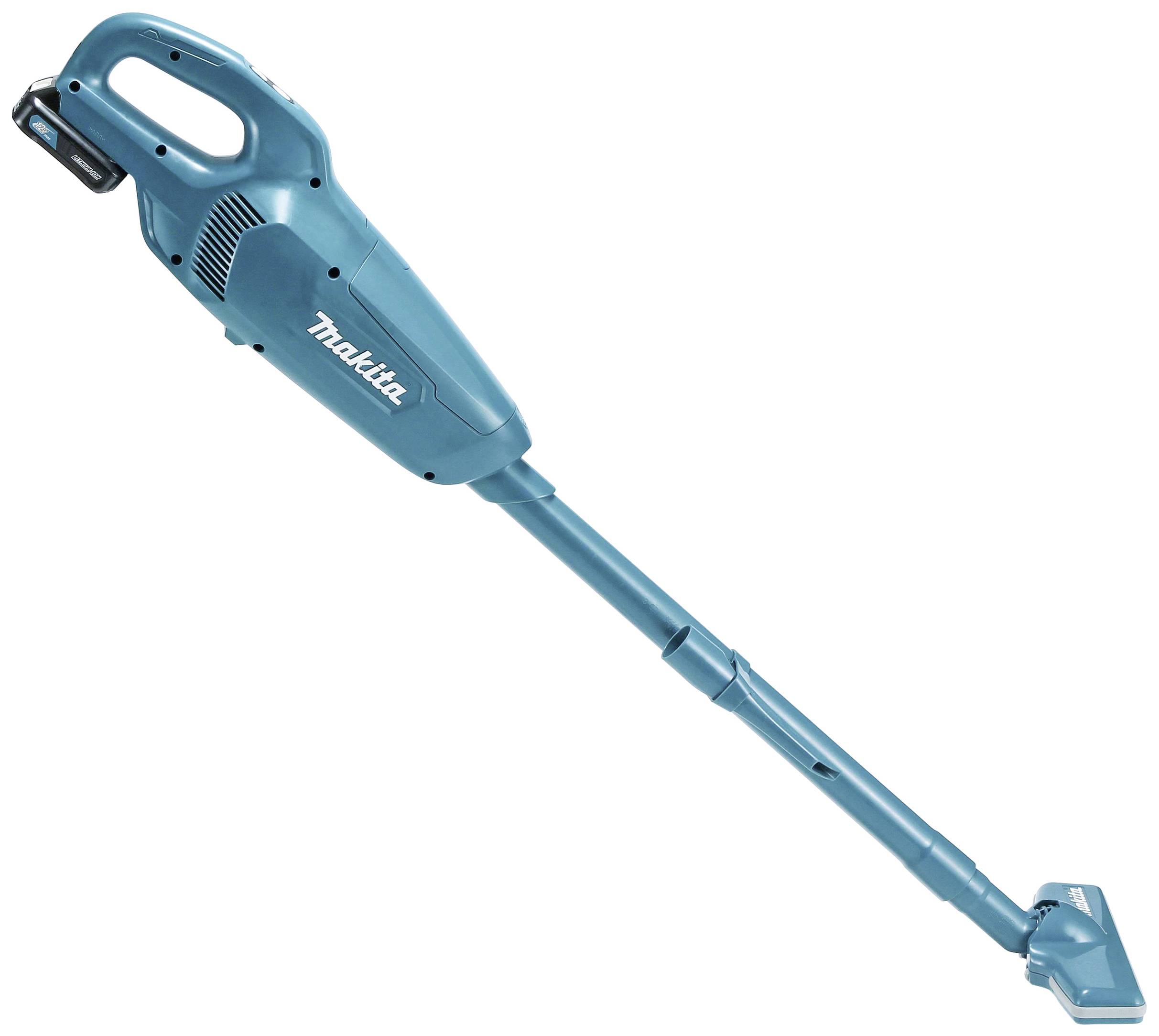 Bezdrátový modrý ruční vysavač značky Makita, který je lehký a přenosný, s ergonomicky tvarovanou rukojetí pro snadné ovládání.