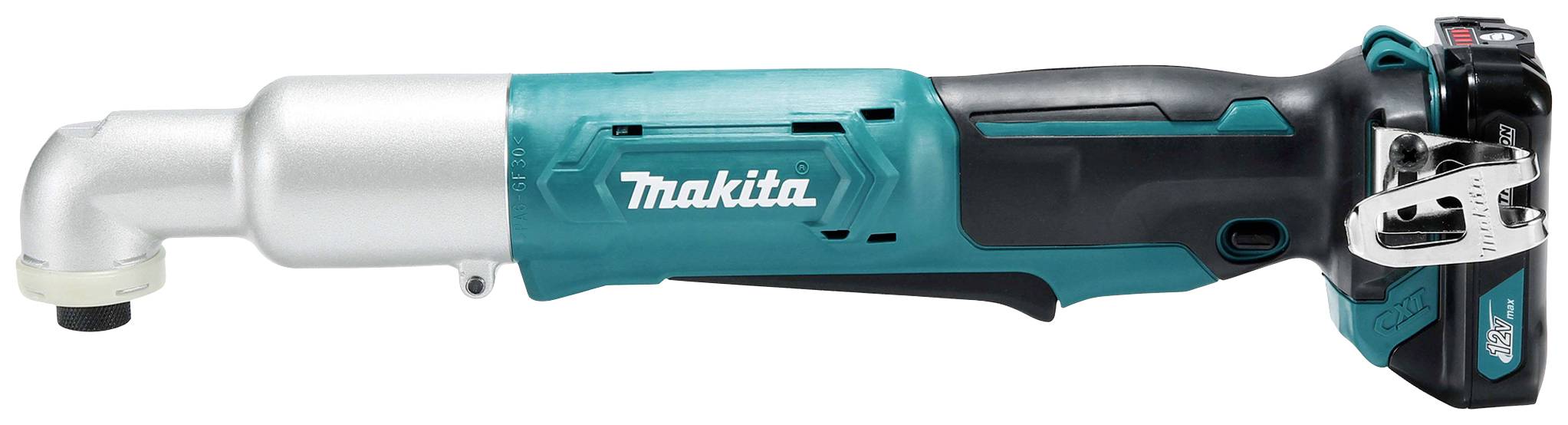 Elektrický úhlový rázový šroubovák s modro-černým krytem, akumulátorem na rukojeti a vytištěným logem 'Makita'.