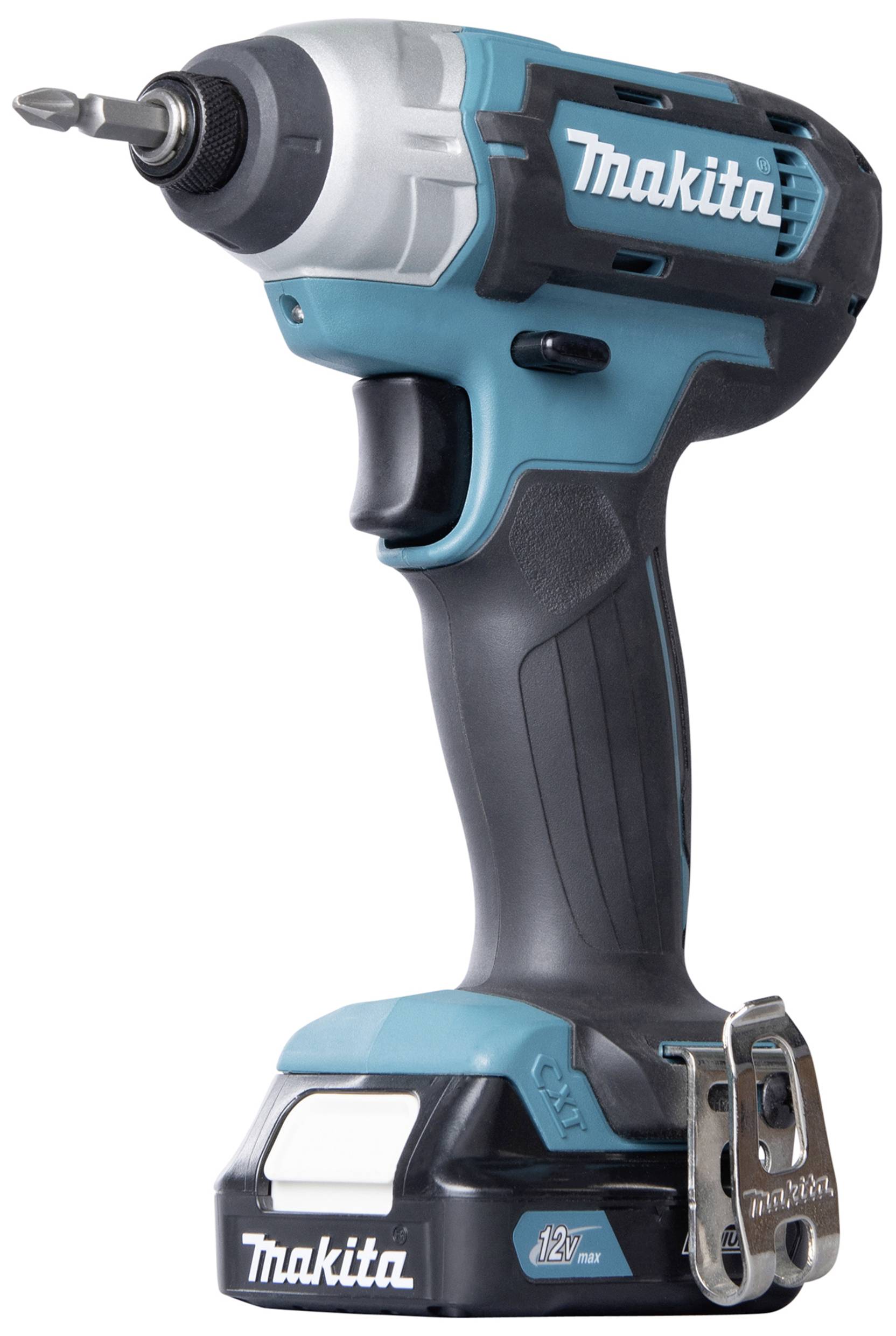 Akumulátorový příklepový šroubovák Makita, modro-černý, s nástavcem na šroubování a ergonomickou rukojetí, ideální pro domácí kutilství.