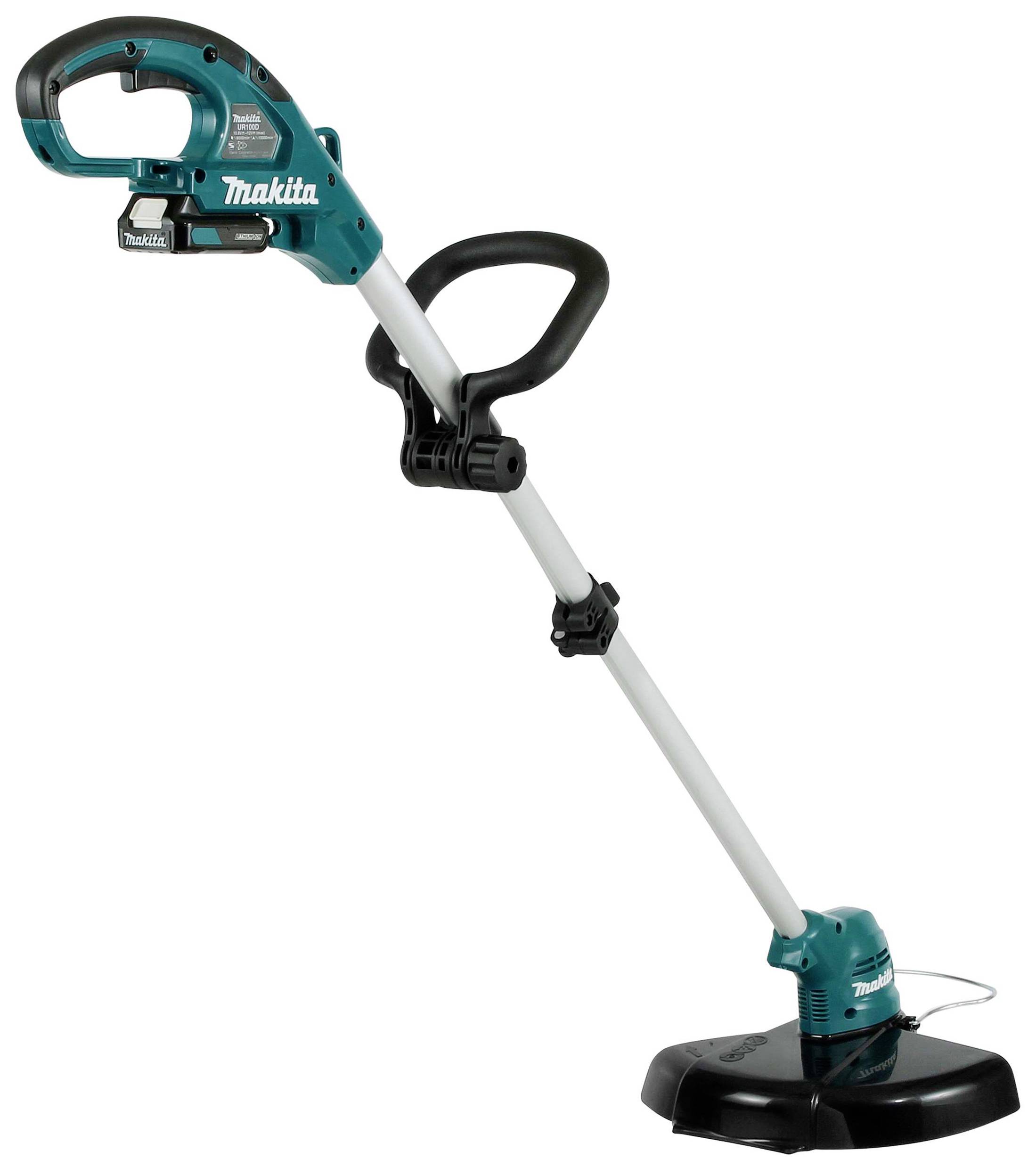 Bezdrátový travní zastřihovač v modro-černém provedení s ergonomickou rukojetí a nastavitelnou rukojetí, vhodný pro přesné sečení trávníku.