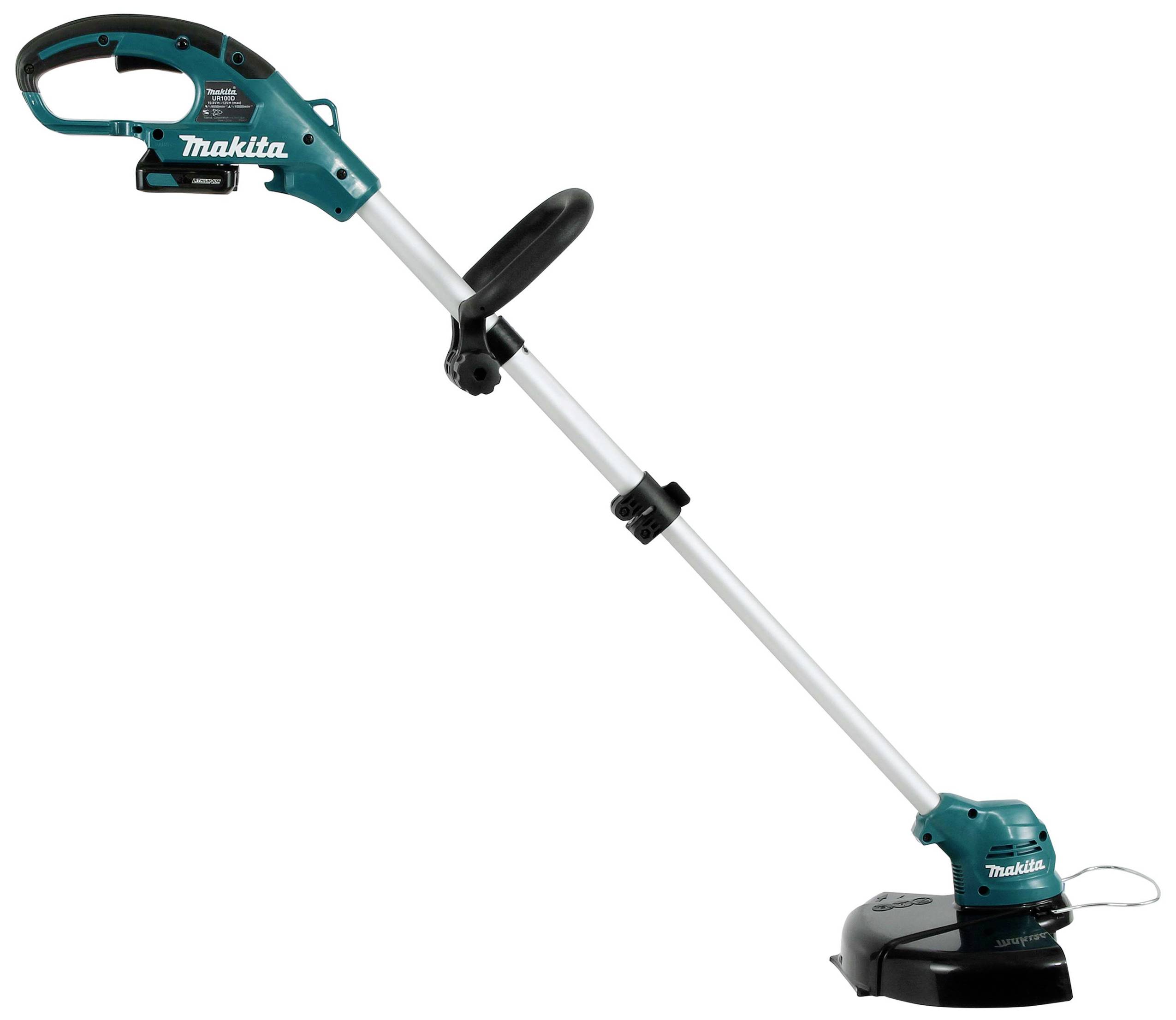 Akumulátorový vyžínač v šikmém pohledu, v tyrkysové barvě s černou sekací hlavou. Logo značky a ergonomická rukojeť jsou dobře viditelné.