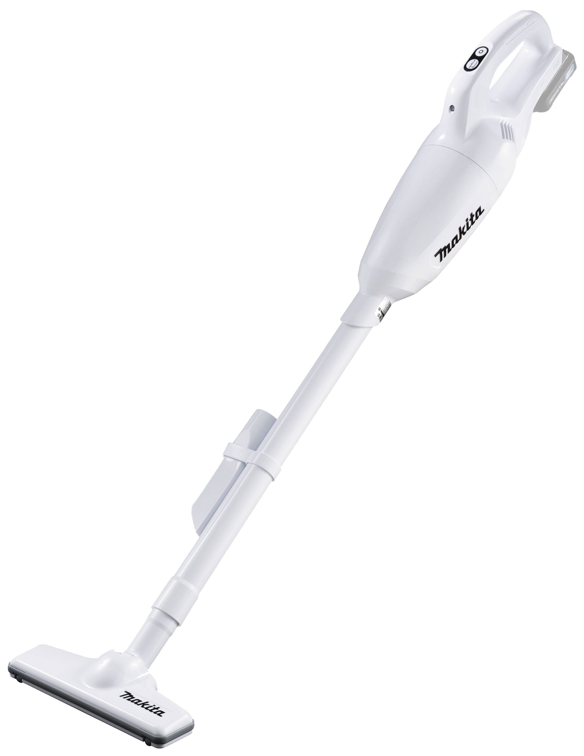 Bezdrátový ruční vysavač v bílé barvě s elegantním ergonomickým designem a podlahovou hubicí, který je ideální pro rychlé úklidy.