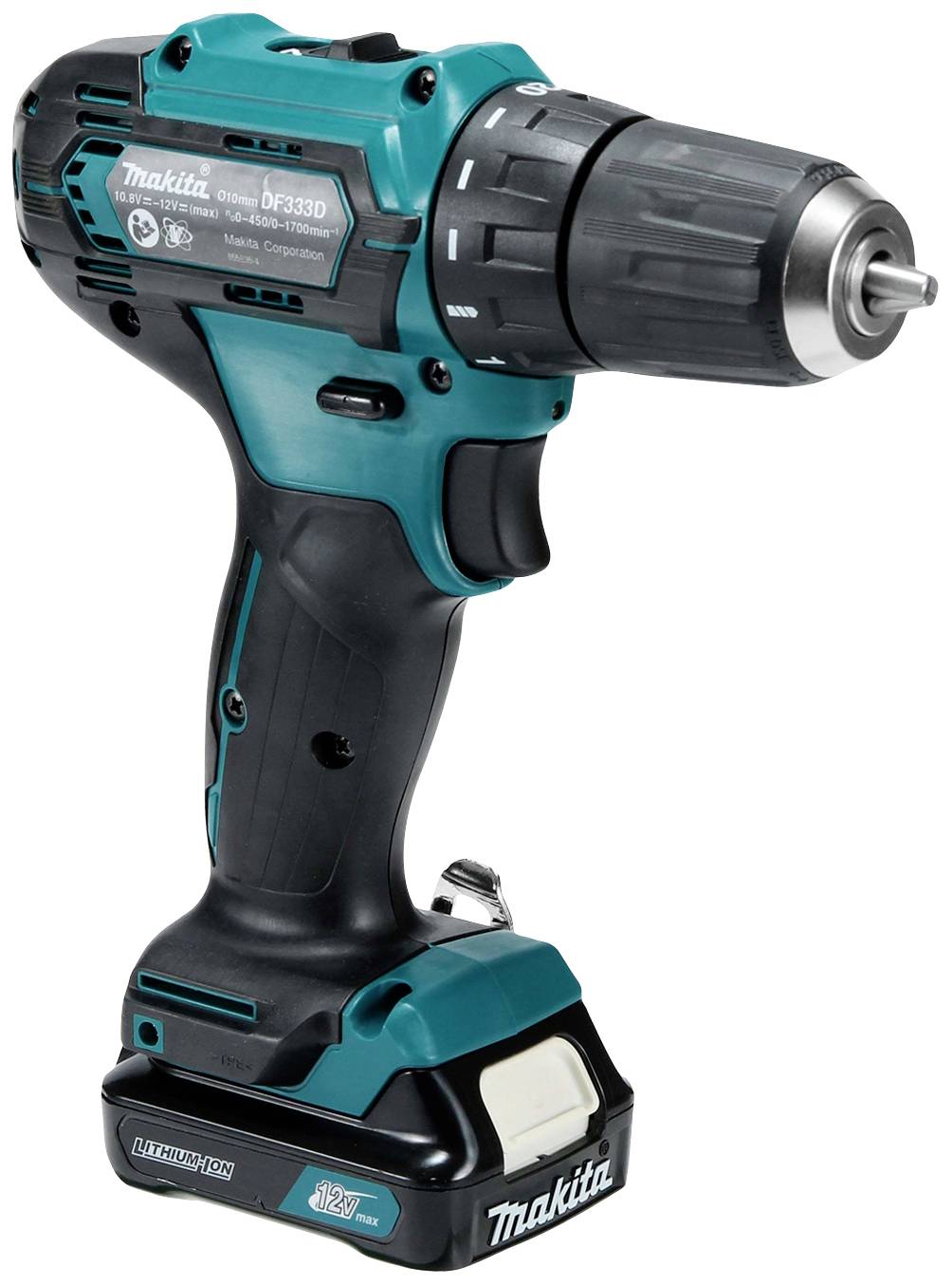 Modrý a černý akumulátorový šroubovák Makita, zobrazený z boku. Má ergonomický design rukojeti a odnímatelný akumulátorový prostor.