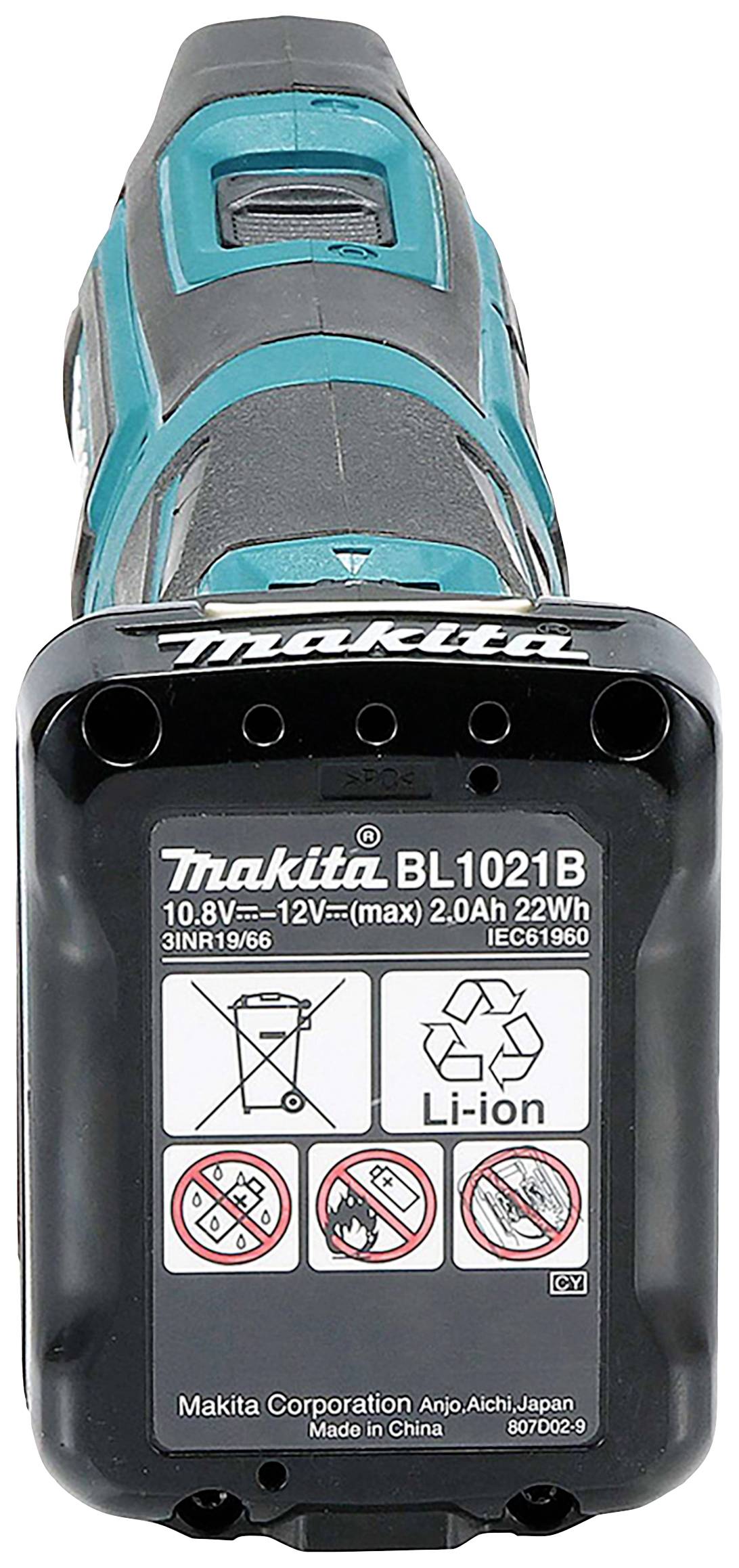 Akumulátor Makita, model BL1021B, Li-Ion, 10,8V-12V, 2,0Ah, 22Wh, černý s modrou akcentní barvou, zobrazuje výrobní a bezpečnostní informace.