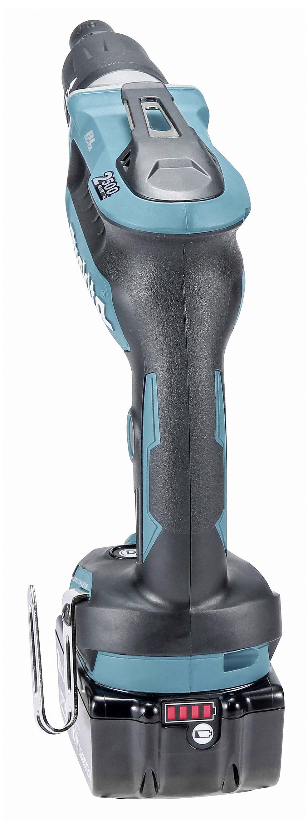 Bezdrátový modrý akumulátorový šroubovák s ergonomickou rukojetí a ovládacími prvky, zobrazený zezadu.
