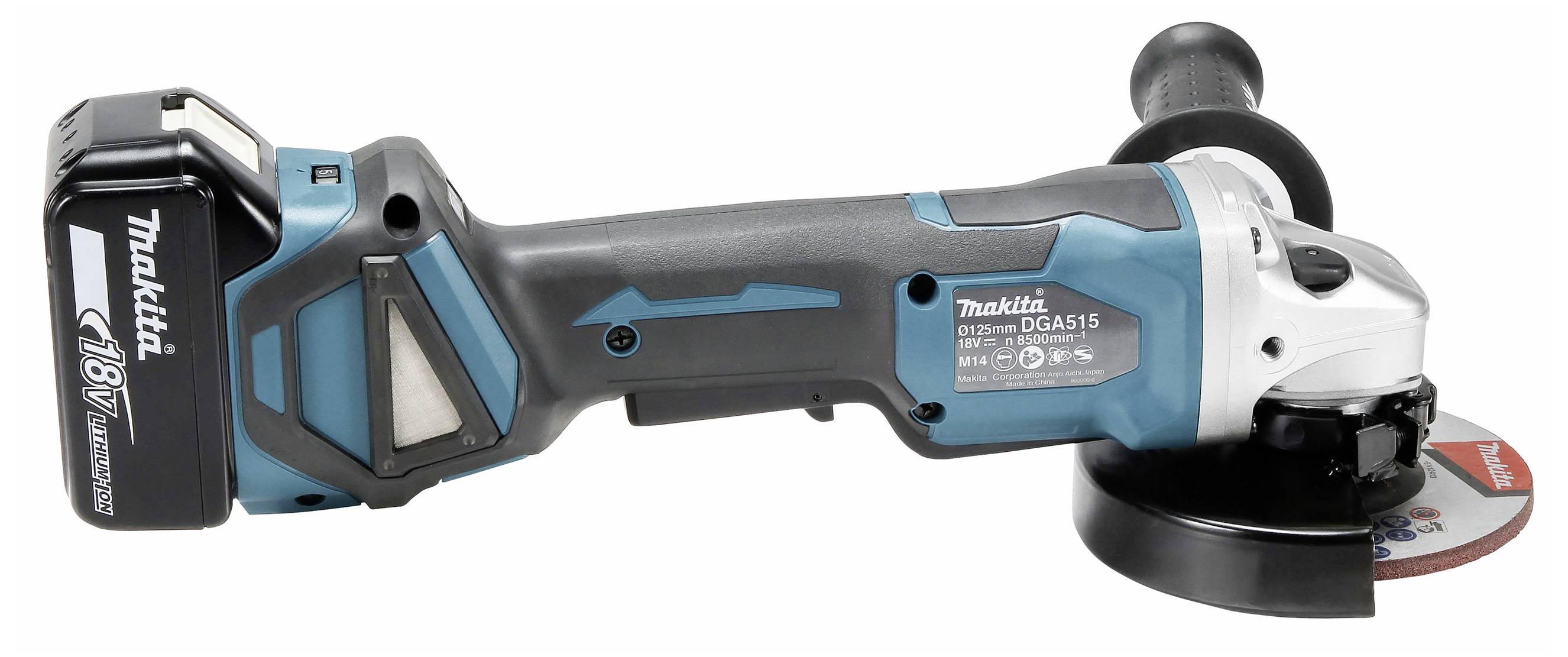 Akumulátorová úhlová bruska Makita, model DGA515, 18V, boční pohled, s namontovaným brusným kotoučem a akumulátorem.