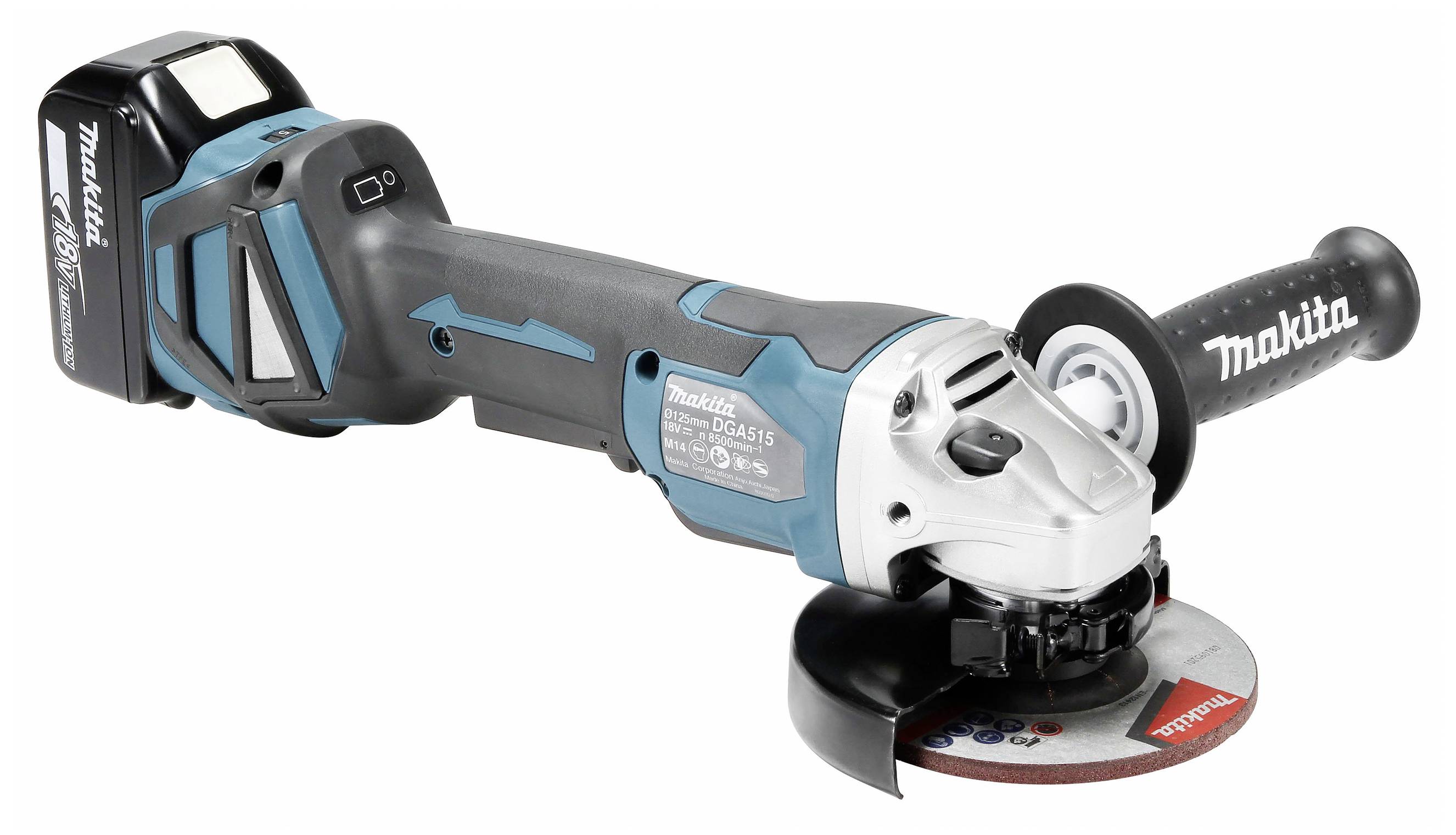 Aku úhlová bruska značky Makita s moderno-černým krytem a ergonomickou rukojetí, vhodná pro brousicí práce.