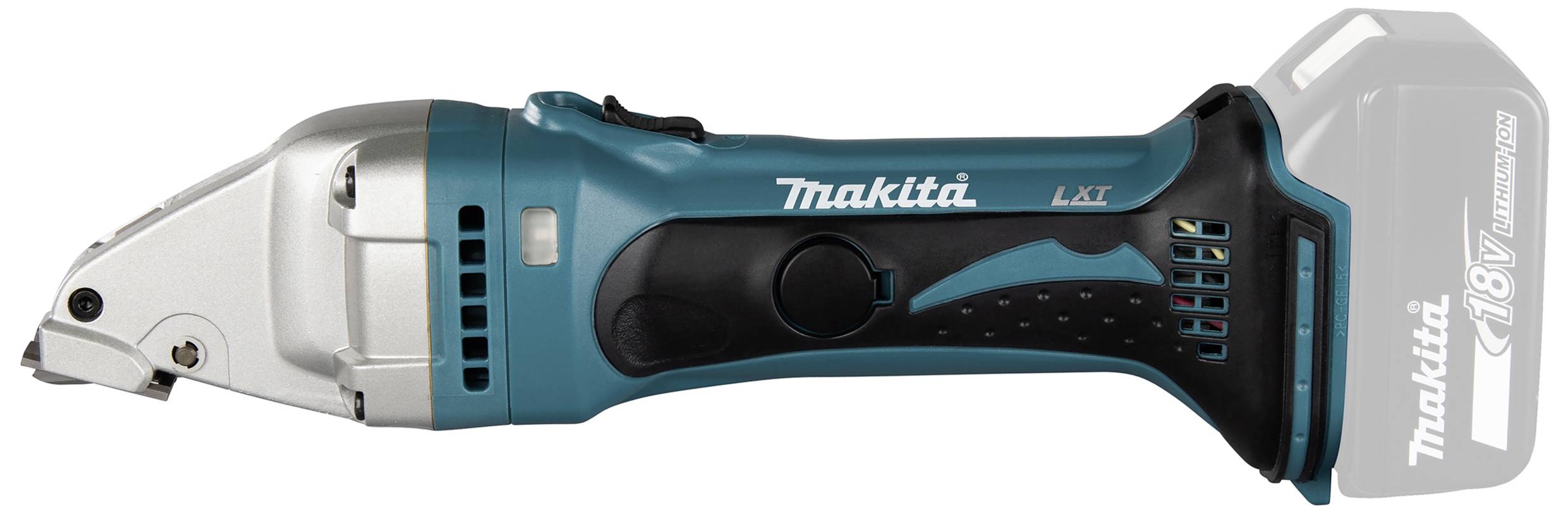 Bezdrátové aku nůžky Makita 18V, modro-černé, s ergonomickou rukojetí, vhodné pro přesné řezání kovových povrchů.