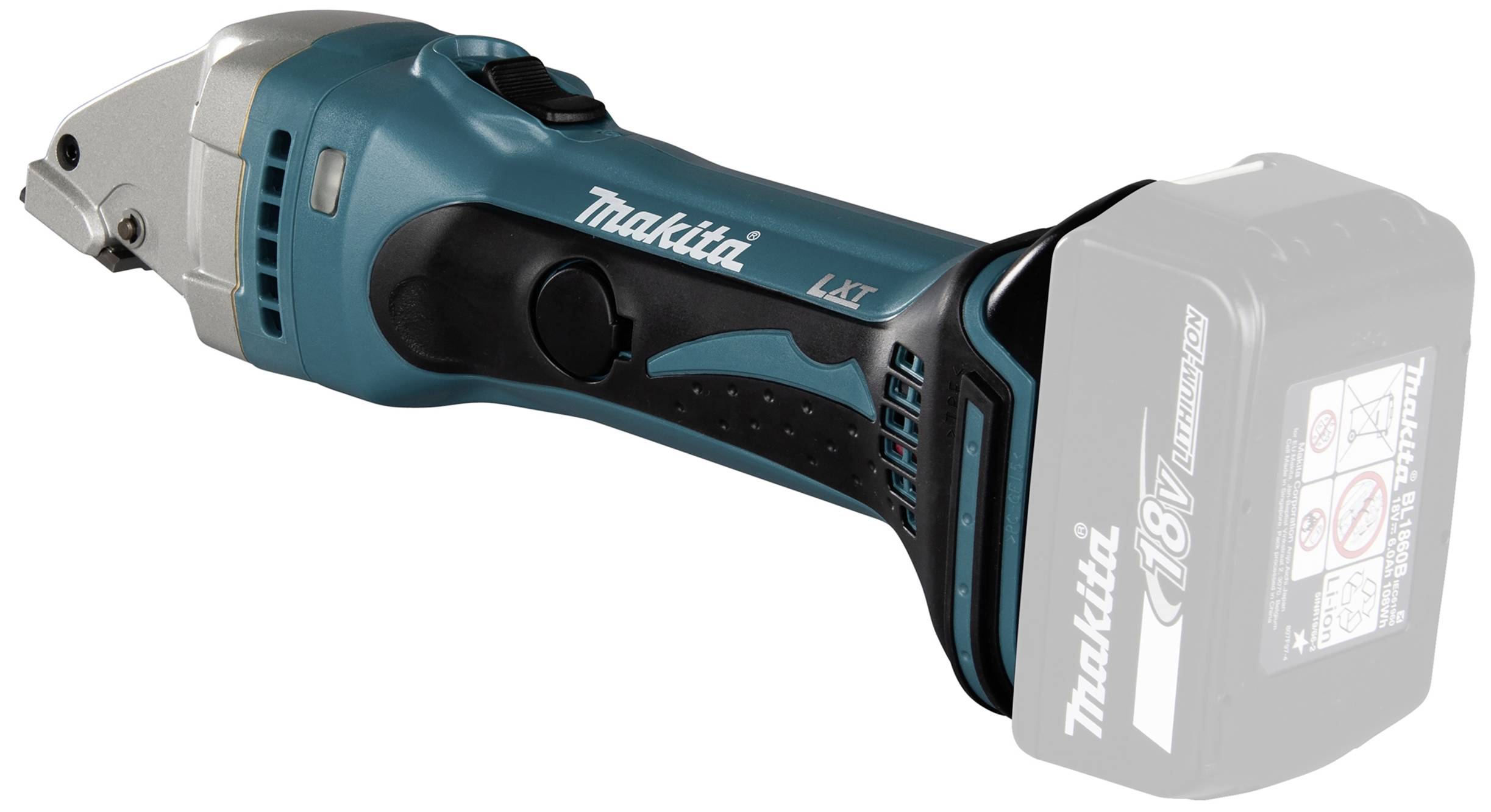 Akumulátorové nůžky na plech Makita 18V v modré barvě, vhodné pro řezání kovů. Ergonomický design pro pohodlné ovládání.