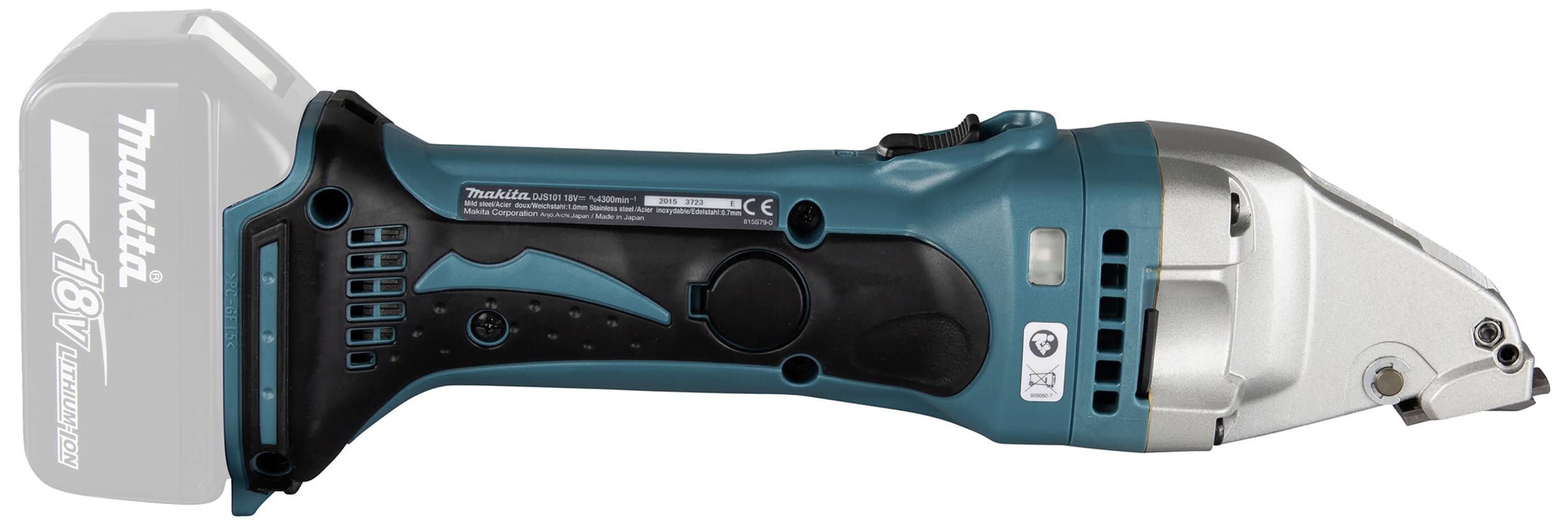 Bezdrátový elektrický řezací nástroj od Makity s 18V lithium-iontovou baterií, převážně v modré a černé barvě.