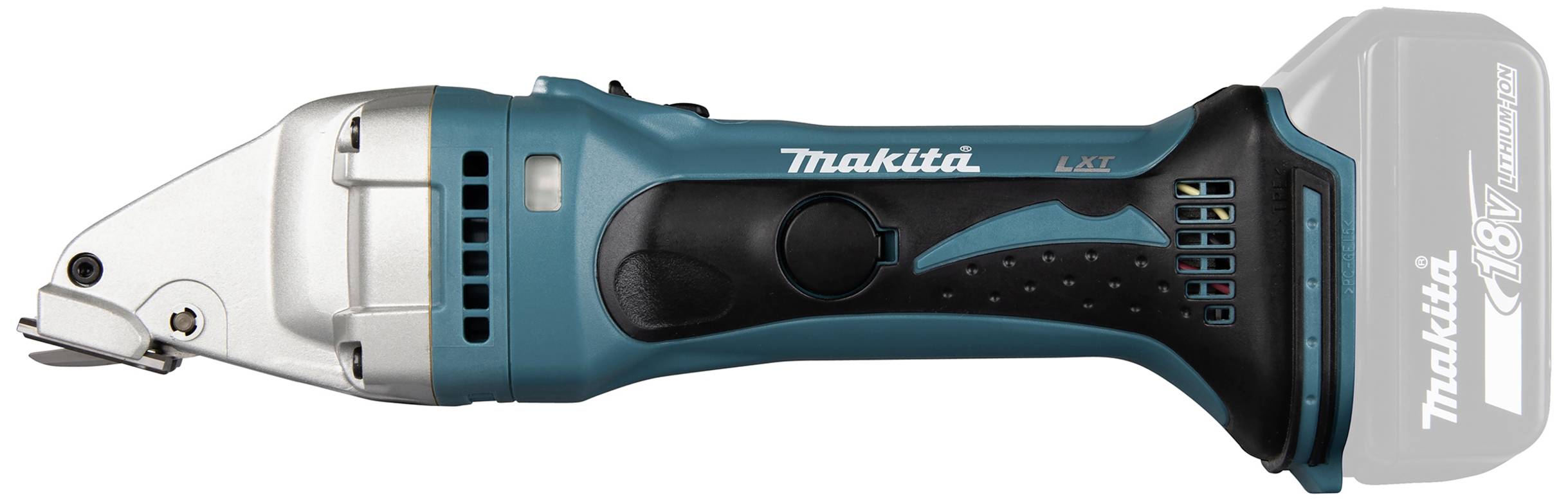Bezdrátový modročerný elektrický nástroj Makita pro řezací práce, vybavený akumulátorem 18V a ergonomickou rukojetí.