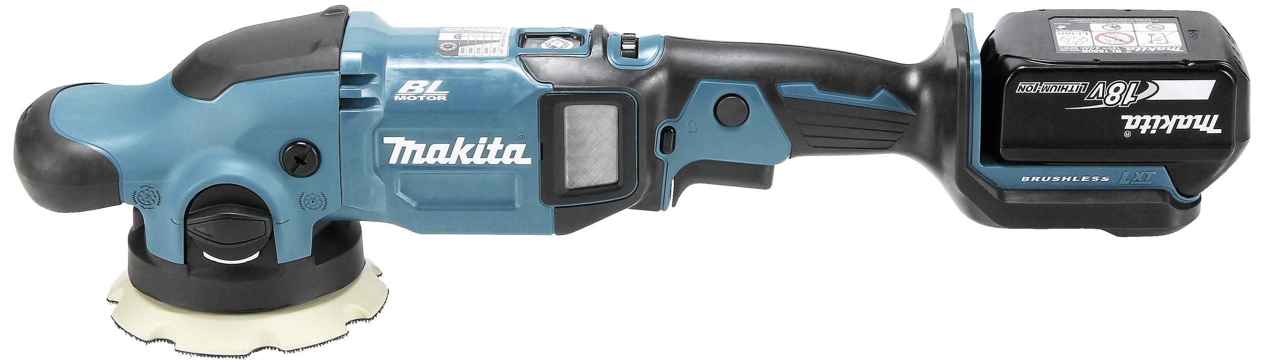 Akumulátorová leštička s modrým krytem, černou rukojetí a baterií. Vhodná pro leštění a broušení povrchů.