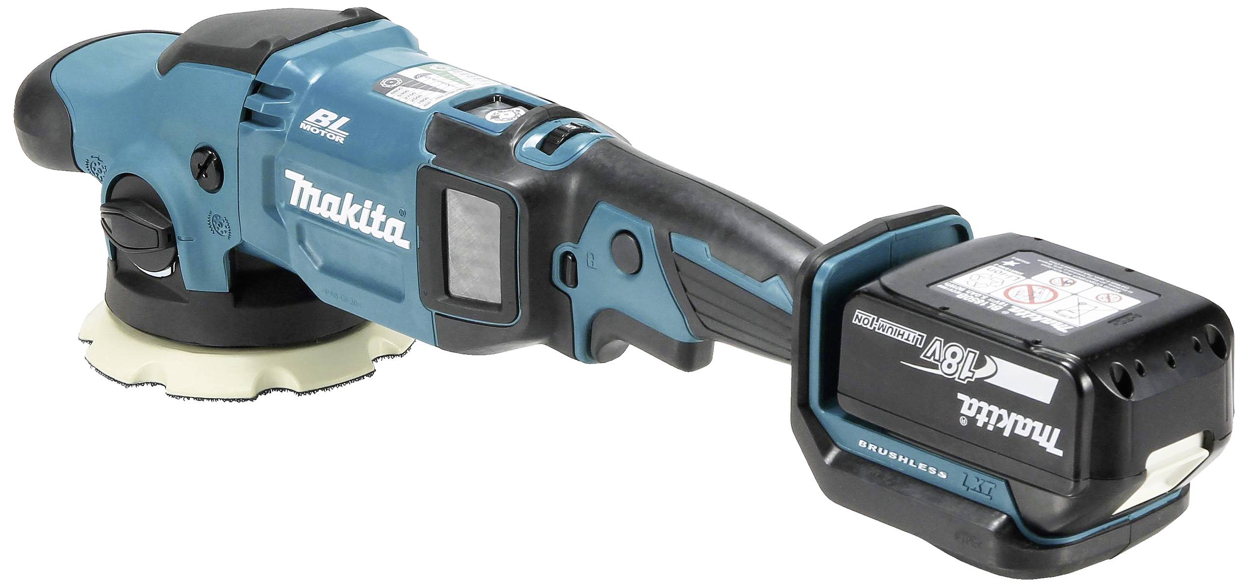 Bezdrátová modrá úhlová bruska Makita s 18V akumulátorem. Přístroj má ergonomickou rukojť a kulatou brusnou hlavu.