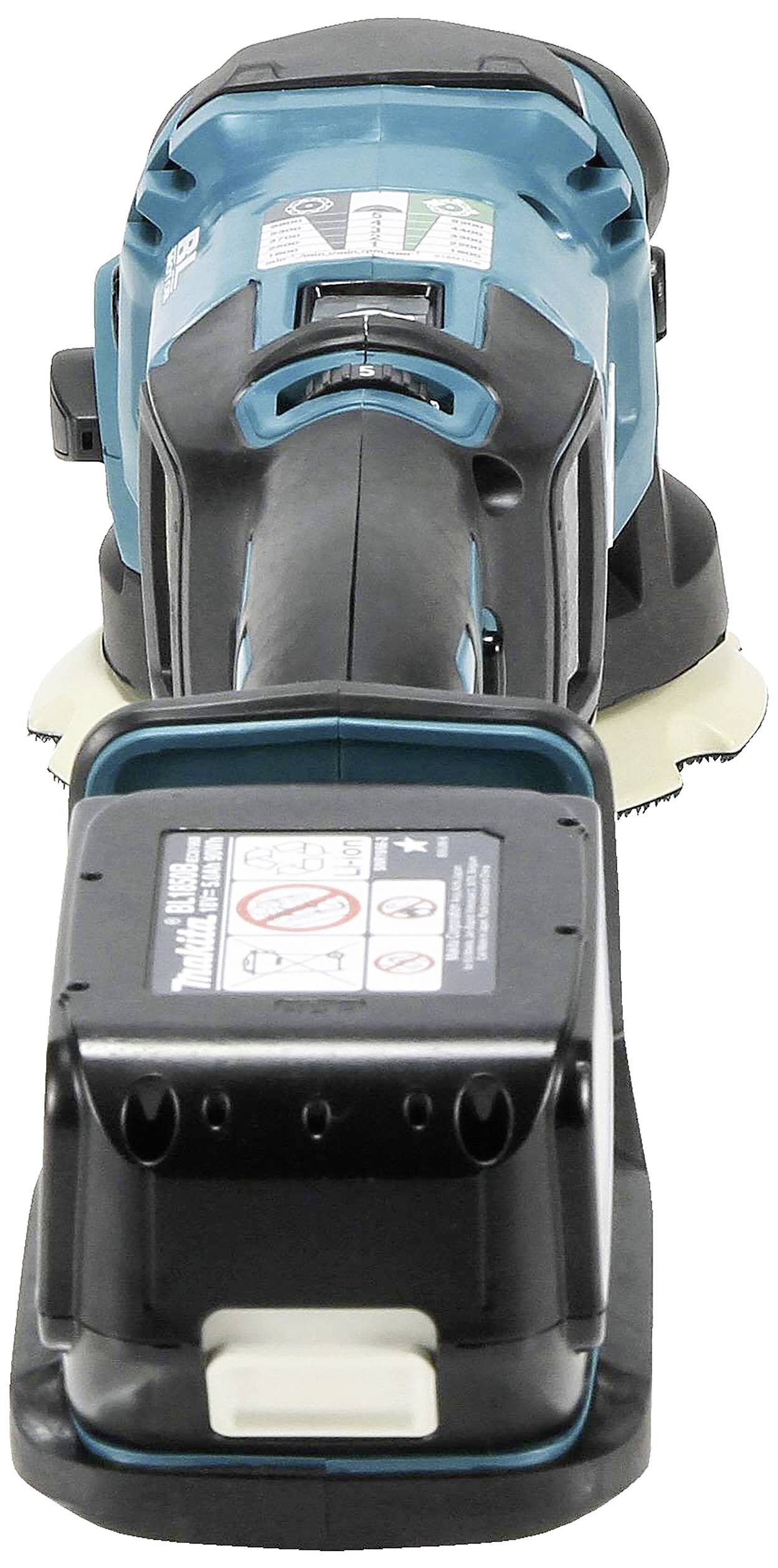 Akumulátorová leštička s modročerným krytem a bezpečnostními výstrahami na baterii. Přední strana a ovládací prvky jsou viditelné.