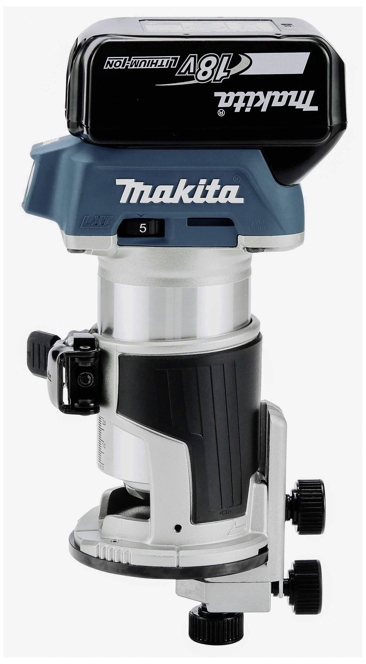 Bezdrátová modrá frézka Makita 18V s lithium-iontovou baterií, regulací otáček a baterií nahoře, vhodná pro přesné opracování dřeva.