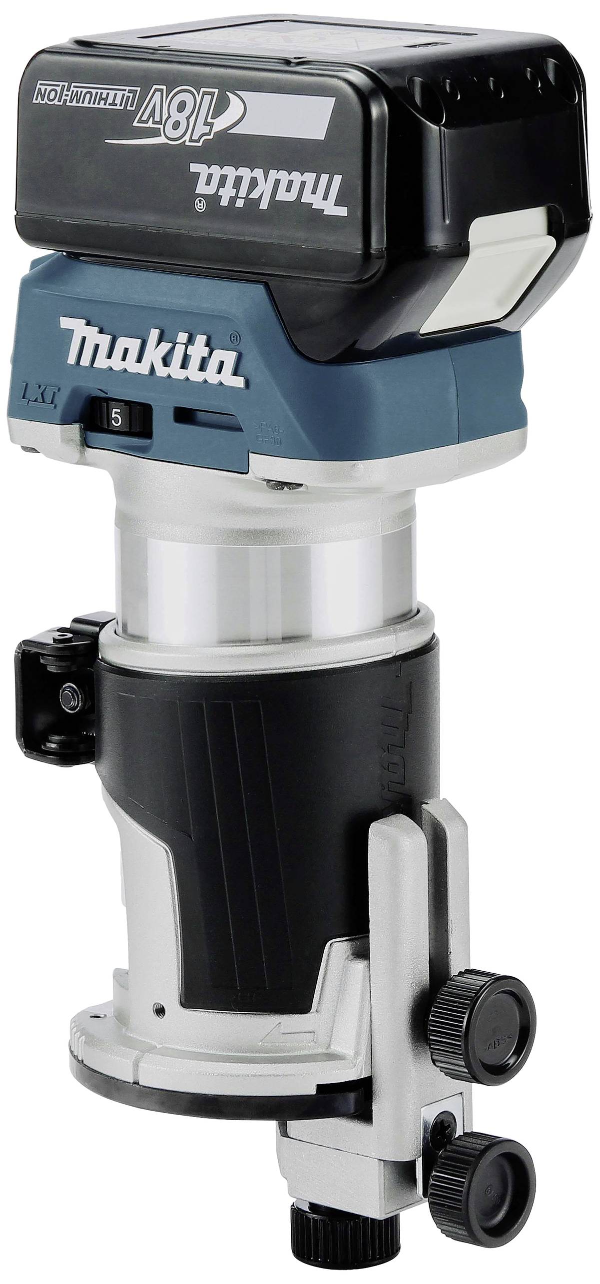 Aku horní frézka Makita, model 18V. Kompaktní, bezdrátový design v modro-černém provedení. Vhodná pro opracování dřeva.
